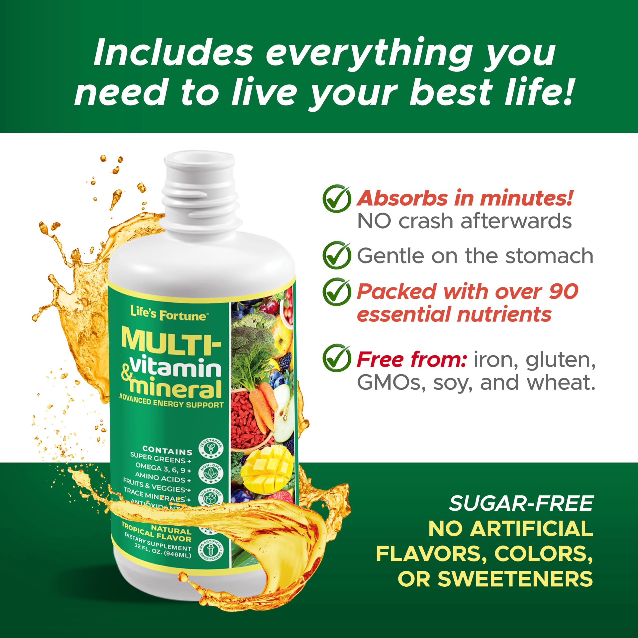 Life’s Fortune Liquid Multivitamin for Adults and Seniors – Fast Absorption Vitamins and Minerals with 90+ Nutrients for Energy and Immune Support – Easy to Digest, Sugar Free, Tropical Flavor, 32 oz