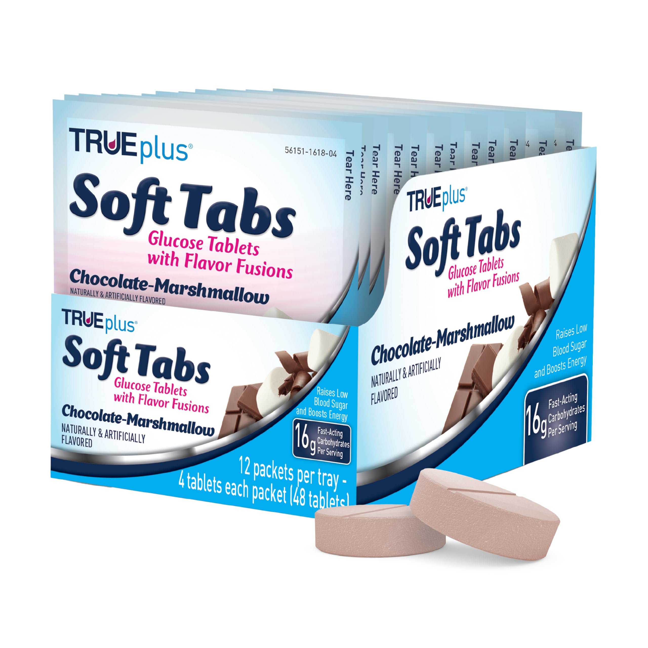 TRUEplus Soft Tabs Glucose Tablets, Cherry Pop Flavor, 4 Count, 12 Packs | Chewable Tablets, 16g Fast-Acting Carbohydrates, Fat Free, Gluten Free, Boosts Energy, Great Tasting and Easy to Use