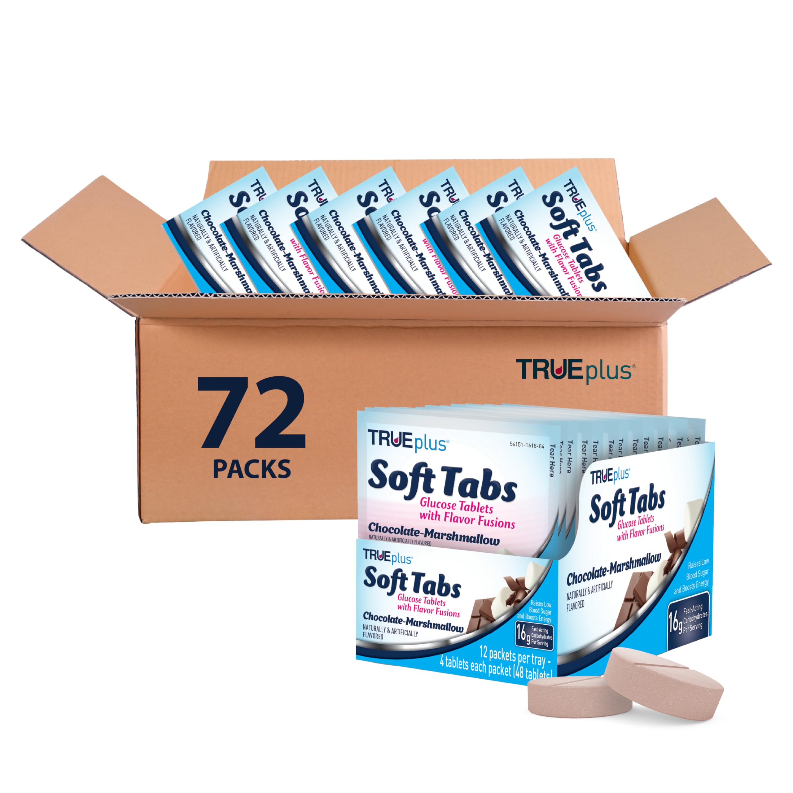 TRUEplus Soft Tabs Glucose Tablets, Cherry Pop Flavor, 4 Count, 12 Packs | Chewable Tablets, 16g Fast-Acting Carbohydrates, Fat Free, Gluten Free, Boosts Energy, Great Tasting and Easy to Use