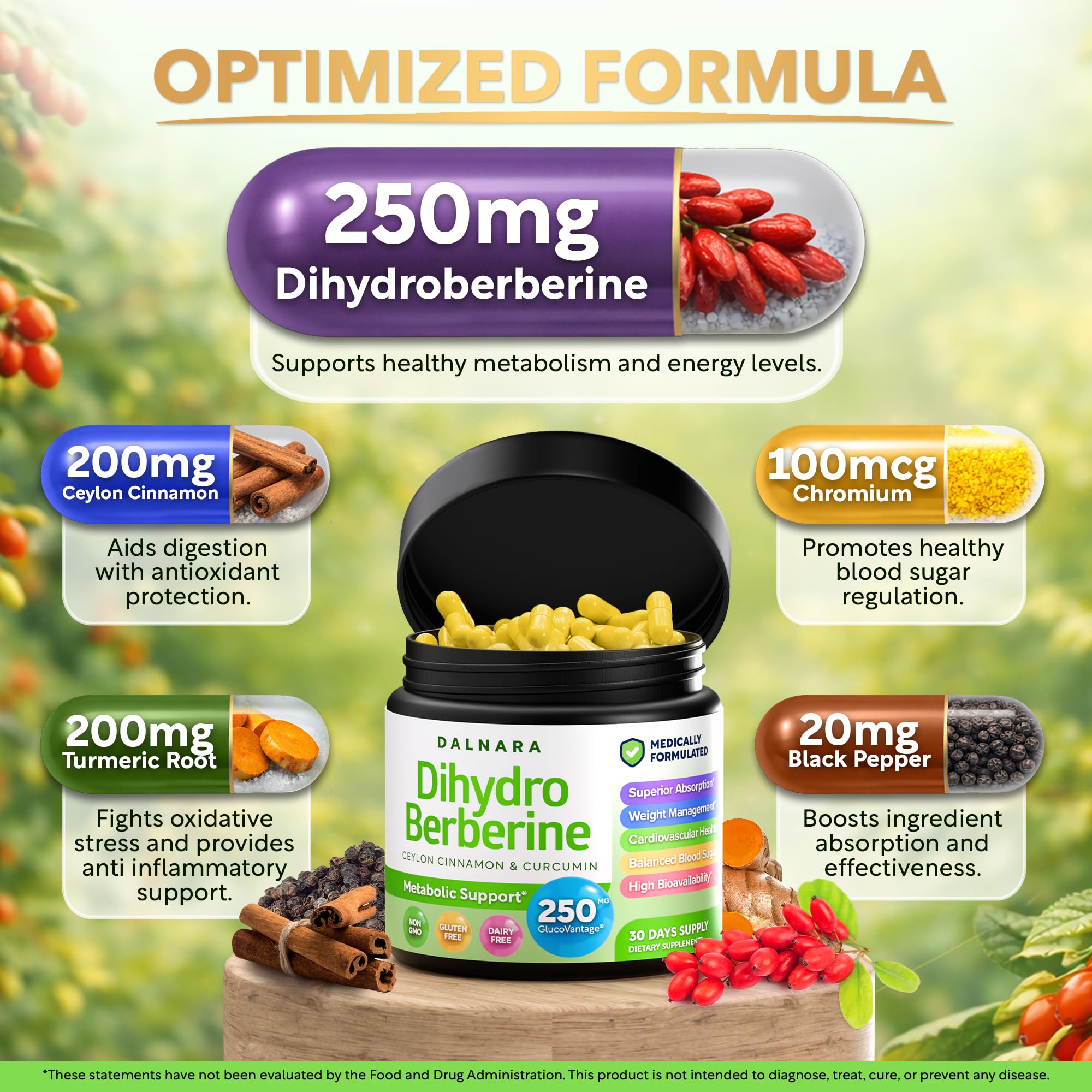 Dihydroberberine 250mg | GlucoVantage 30 days Supply | DHB supplement