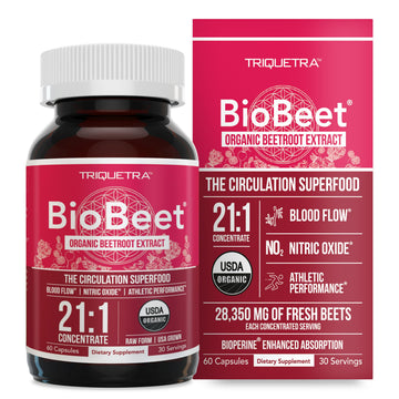 BioBeet® Max Strength Beet Root Capsules - 21:1 Concentrate, Each Serving Derived from 28,350 mg Organic Beetroot - Absorption Enhancement