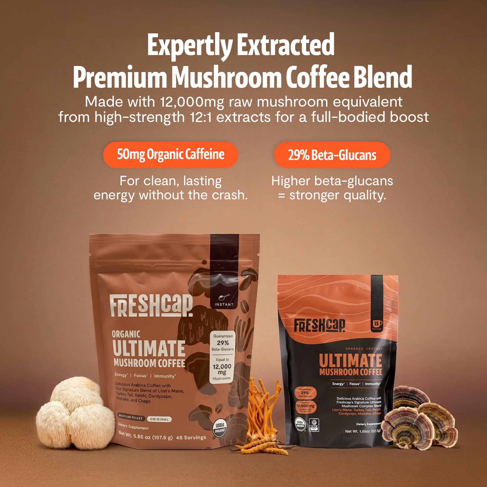 Premium Organic Mushroom Coffee – 12:1 Fruiting Body Extract – 29% Beta-Glucans – Smooth Tasting, 3rd-Party Tested for Clean Energy, No Jitters, Focus, Immune Support (15 Servings)