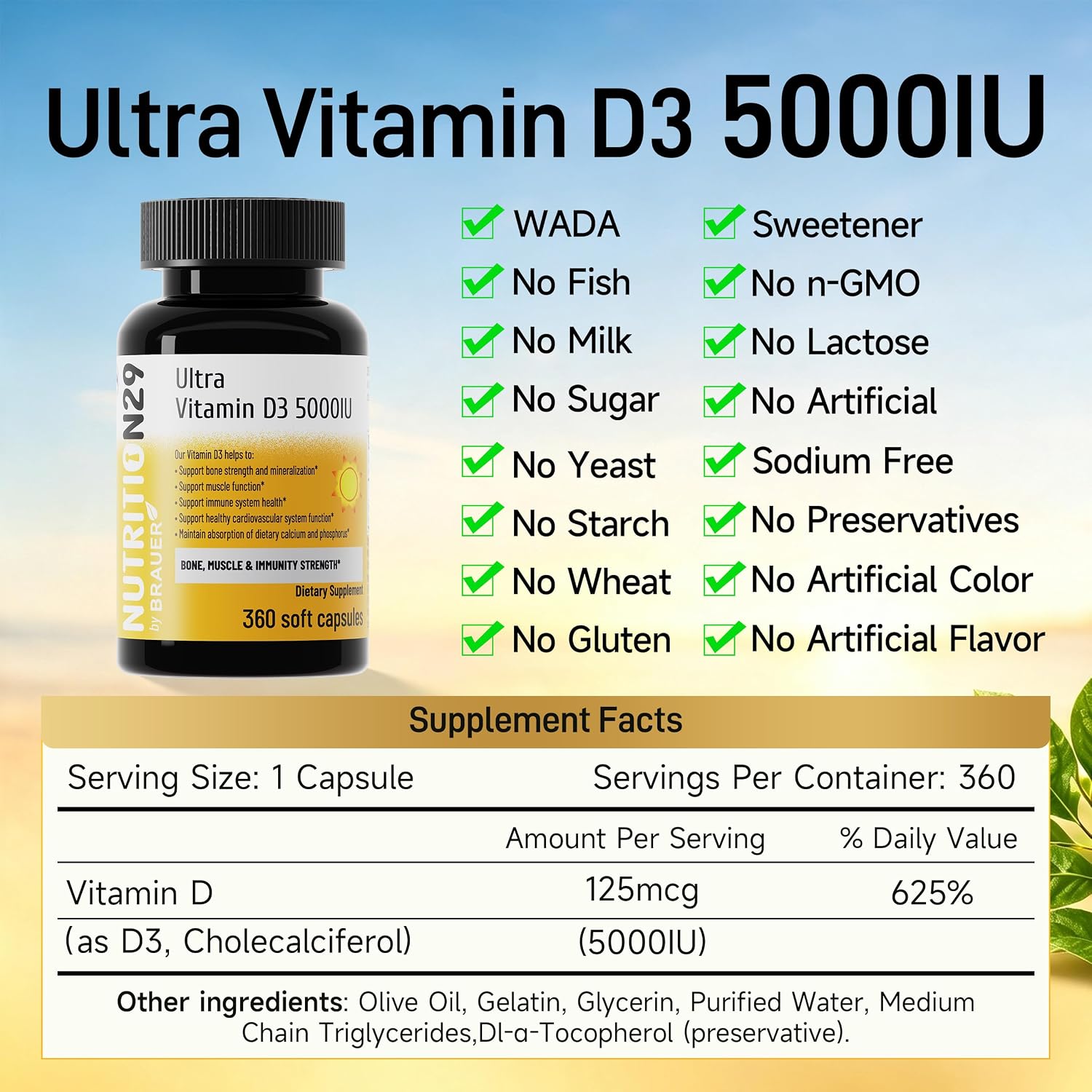 Vitamin D3 5000 IU (125 mcg),360 Day Supply Vitamin D Softgels | USP-Grade Provitas® Softgels with MCT & Olive Oil,High Potency Immune & Bone,Muscle Health Support Supplement,Non-GMO