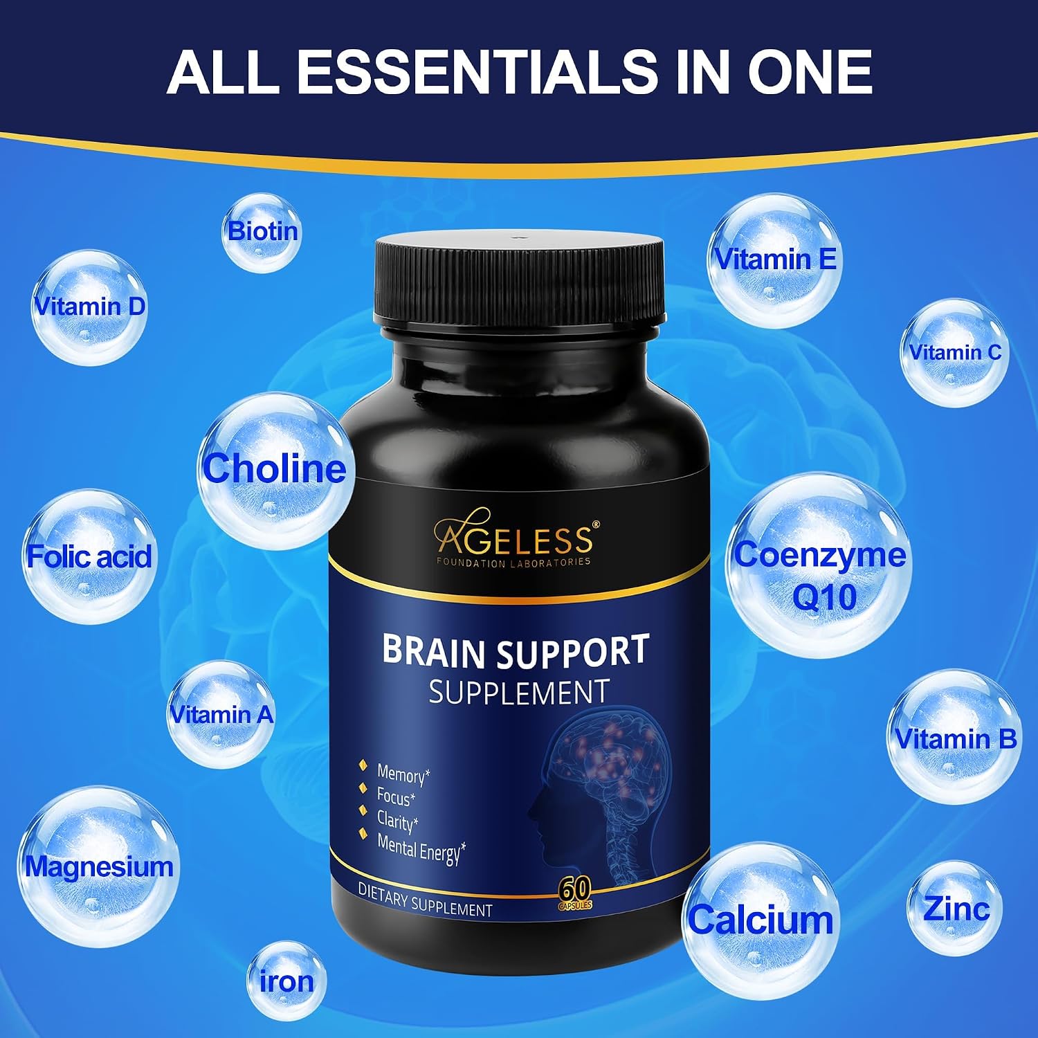 Ageless Brain Supplement for Memory and Focus, 60 Capsules | Mental Clarity & Cognitive Support Formula with Vitamins B6 & B12 | Supports Brain Health, Alertness & Daily Performance