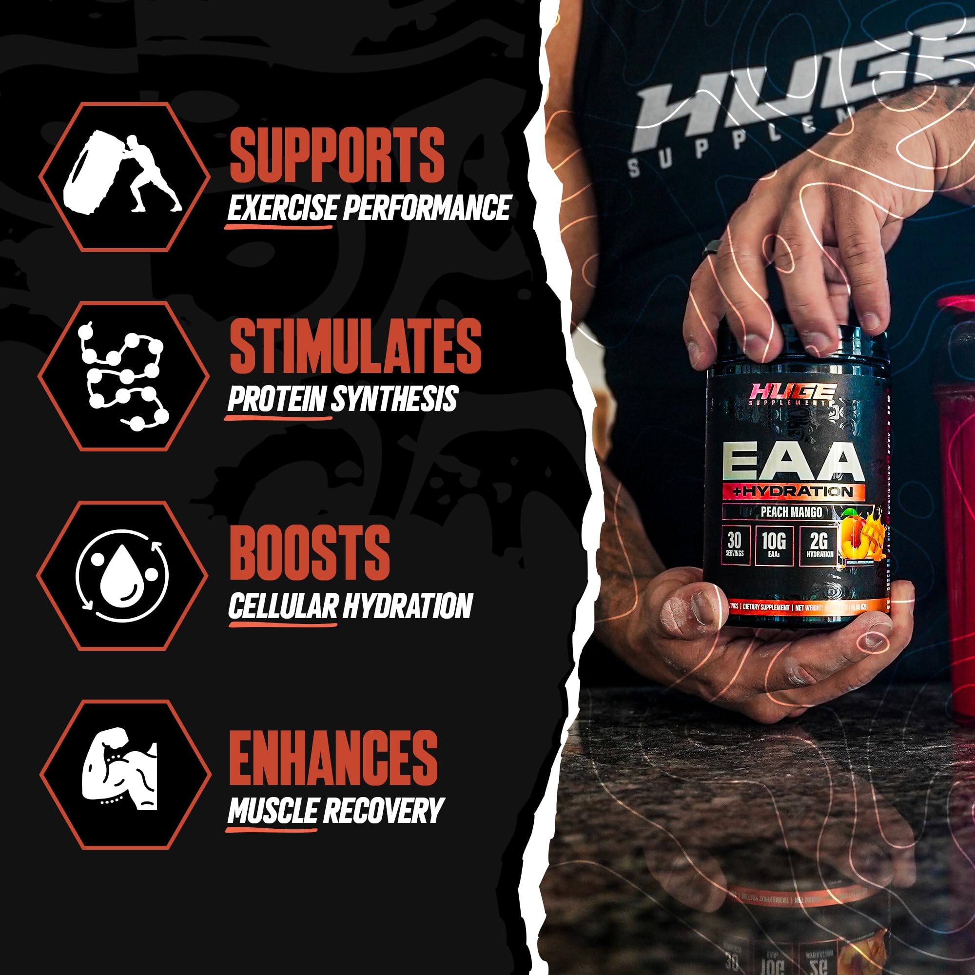 Huge EAA + Hydration, Essential Amino Acids Powder, EAAs & BCAAs, Intra & Post Workout Recovery Powder, Muscle Growth, Recovery & Performance, 10g EAAs & Electrolytes, Kiwi Blueberry, 30 Servings