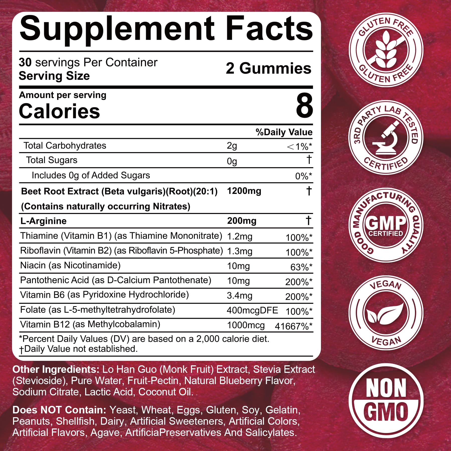 Beet Root Gummies, 9 IN 1 Nitric Oxide Supplements for Men & Women w/ L-Arginine, B1, B2, B3, B5, B6, Folate, B12, Sugar Free Beetroot Gummies for Energy Boost & Circulation, 120 Beet Chews, Vegan
