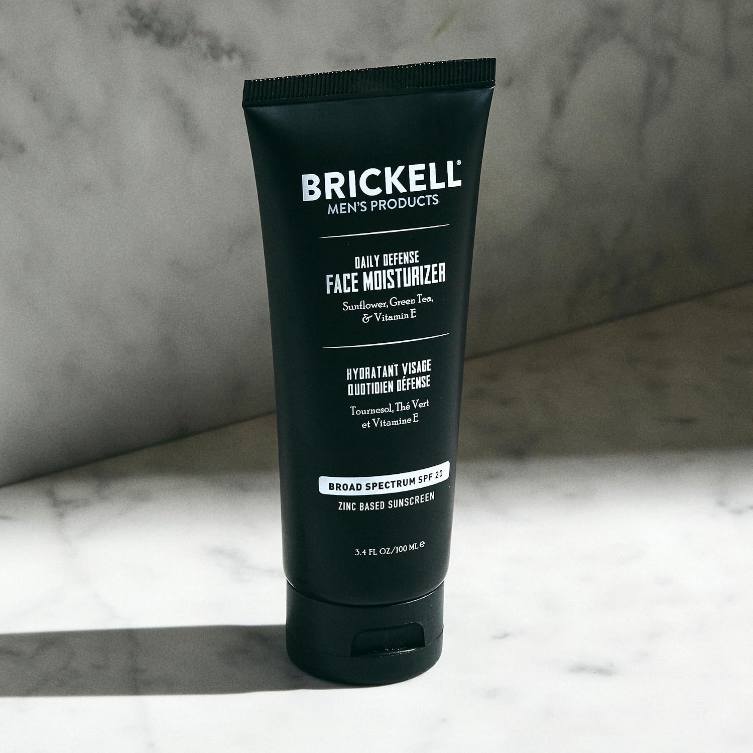Brickell Men's Daily Defense SPF20 Face Moisturizer for Men, Moisturizing Mineral Sunscreen, Hydrates & Protects Skin Against Harmful UVA/B Rays, With Zinc, Green Tea, & Vitamin E, 3.4oz, Unscented