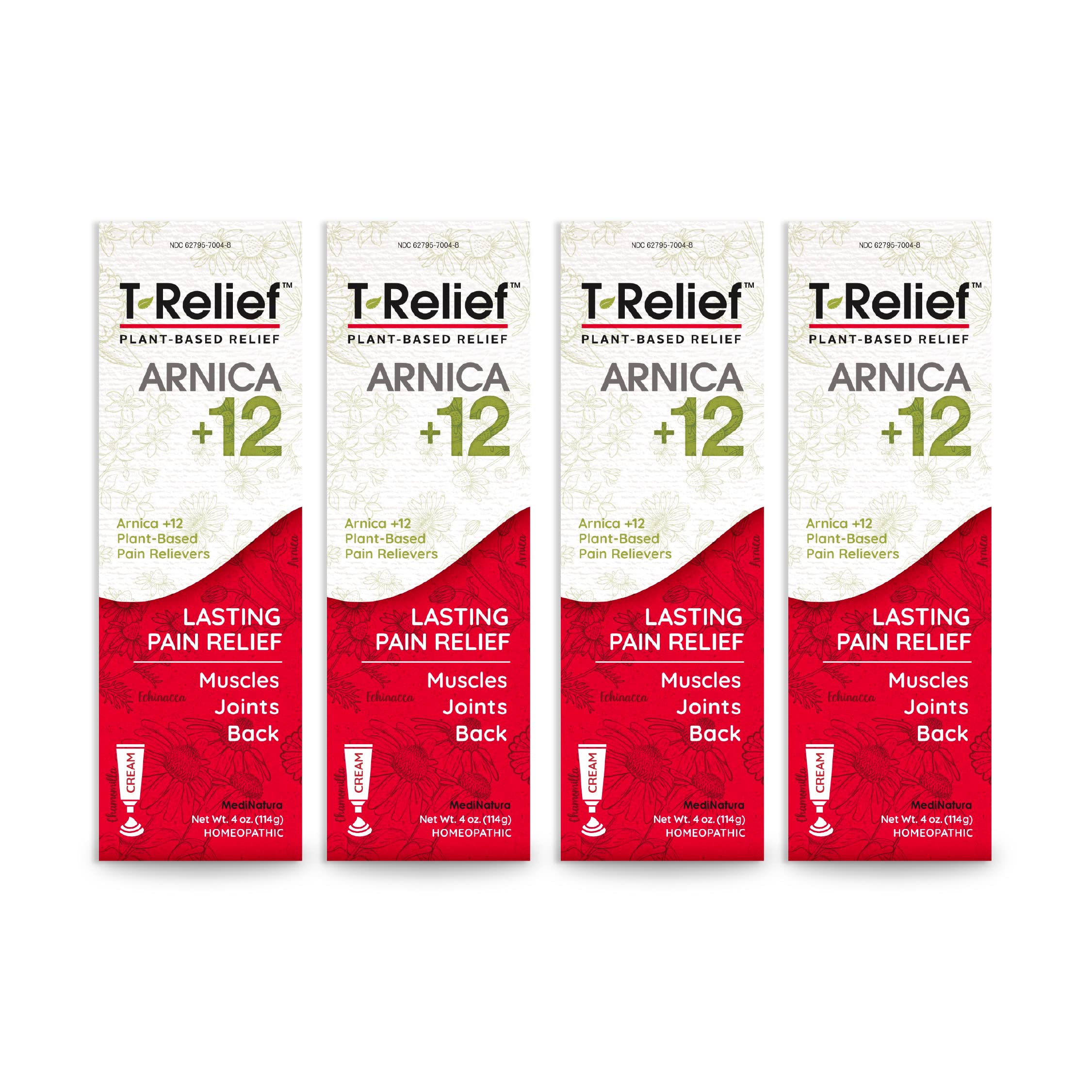 T-Relief Arnica +12 Cream Natural Relieving Actives for Back Pain Joint Soreness Muscle Aches & Stiffness, Whole Body Fast Acting Relief for Women & Men - 4 oz (4 Pack) MediNaturaBuy Supplements Australia