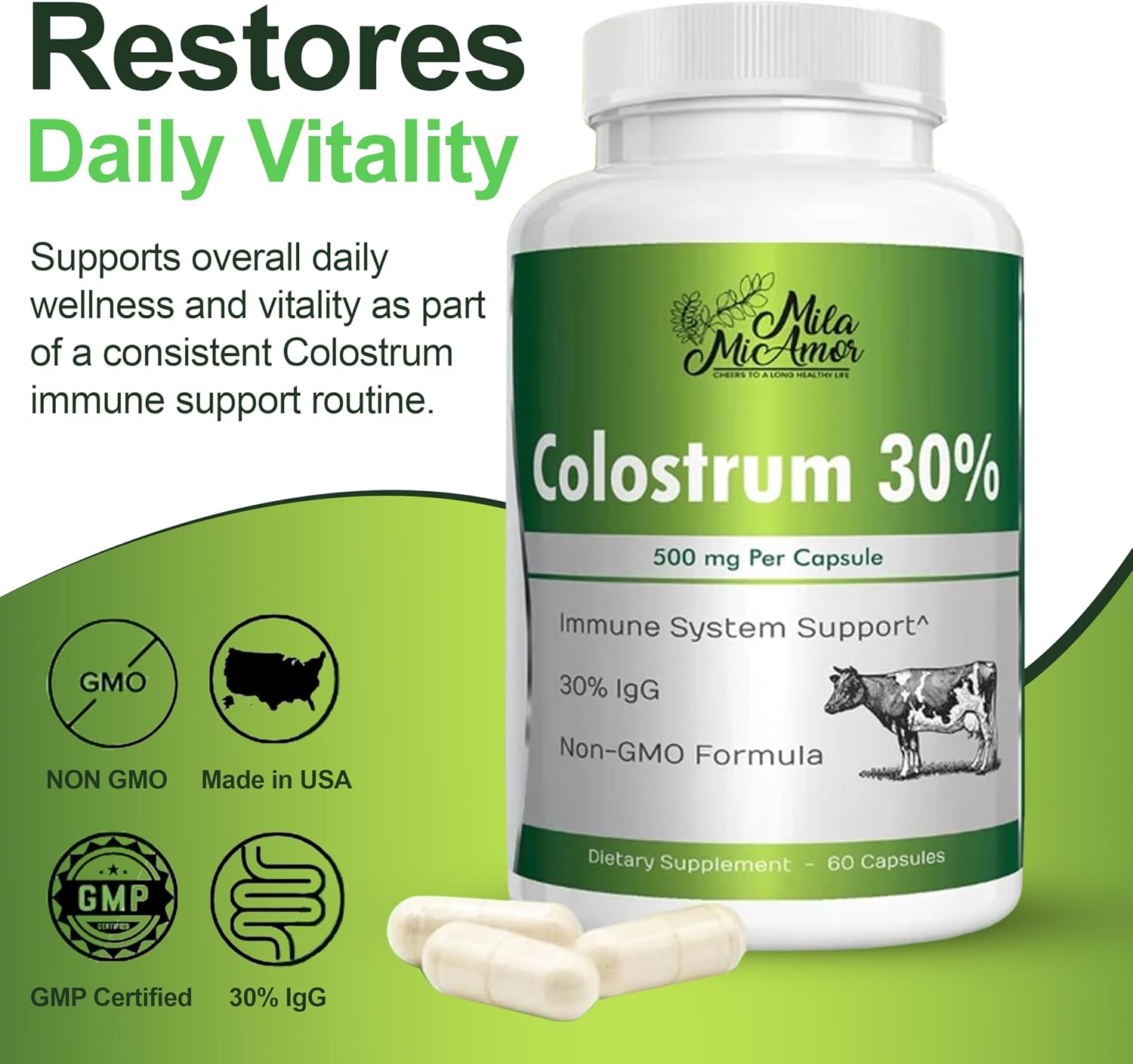 Mila Miamor Bovine Colostrum Supplement 500mg Per Capsule, 30% IgG - Gut Health, Immune Support and Digesitive Wellness - Non-GMO, Third-Party Tested, Made in USA - 60 Capsules