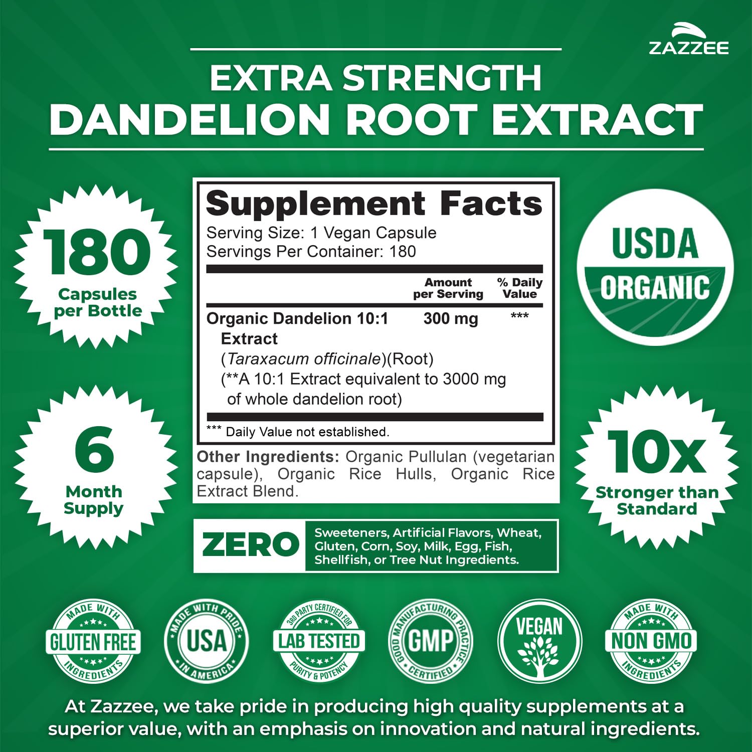 Zazzee USDA Organic Dandelion Root 10:1 Extract, 120 Capsules, 4 Month Supply, Liver & Detox Support, Taraxacum Officinale, Organic Herbal Supplement, All-Natural, Non-GMO, Made in the USA