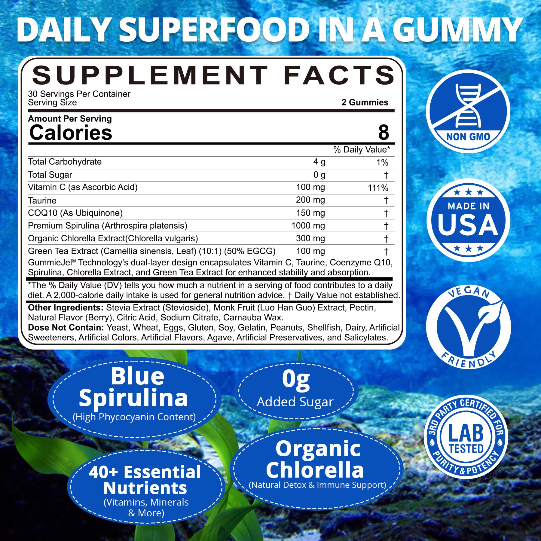 Organic Blue Spirulina Gummies, High Phycocyanin from Nutrient-Rich Blue-Green Algae for Antioxidants, Cellular Energy & Cleanse, Superfood w/Chlorella, CoQ10 & VC,Taurine,Green Tea, Sugar Free, 60 Ct