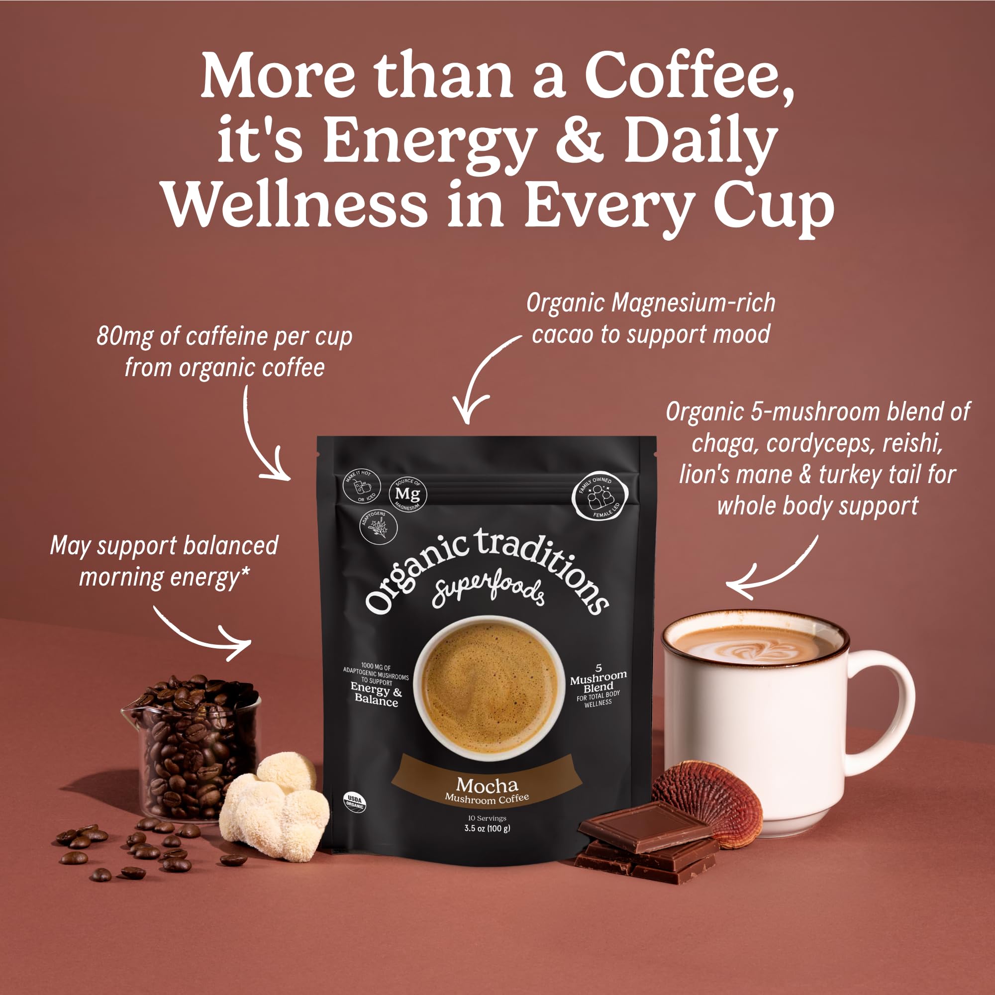 Organic Traditions Mind Fuel Instant Mushroom Coffee Alternative, Caffeine Free Lion’s Mane and Maca Herbal Drink with Dandelion, Chicory, Roasted Grain Blend, Natural Focus Support, 140g / 5oz