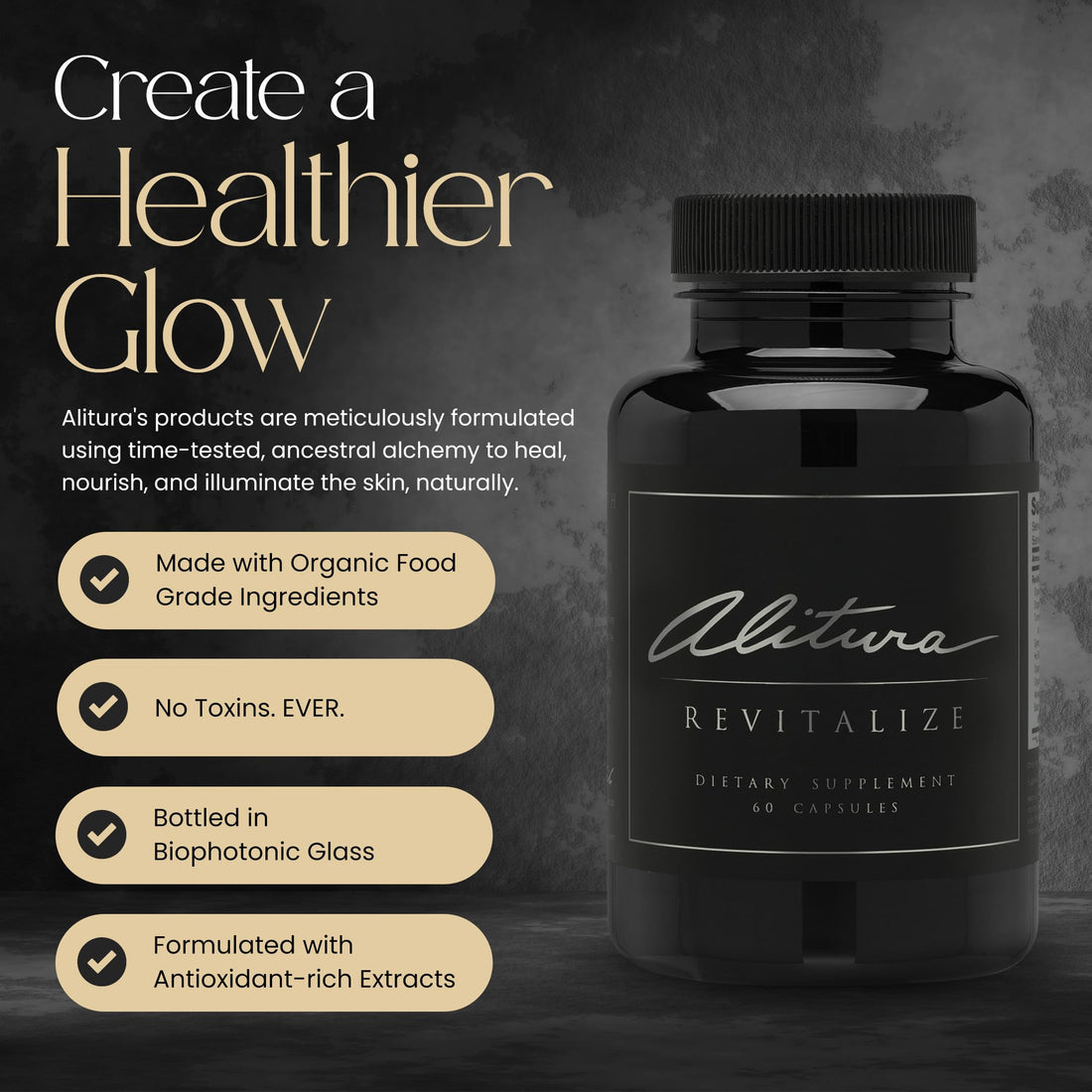 Black dietary supplement bottle labeled 'Alitiva Revitalize' on a white background