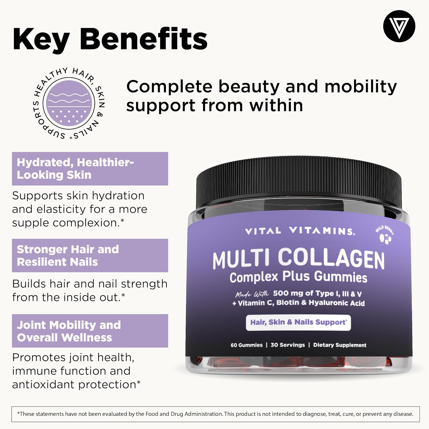 Vital Vitamins Multi Collagen Complex Plus Gummies - Collagen Peptides Types I, III & V with Hyaluronic Acid, Biotin, Vitamin C & Vitamin D - Hair, Skin & Nail Support - Wild Berry - 60 Count