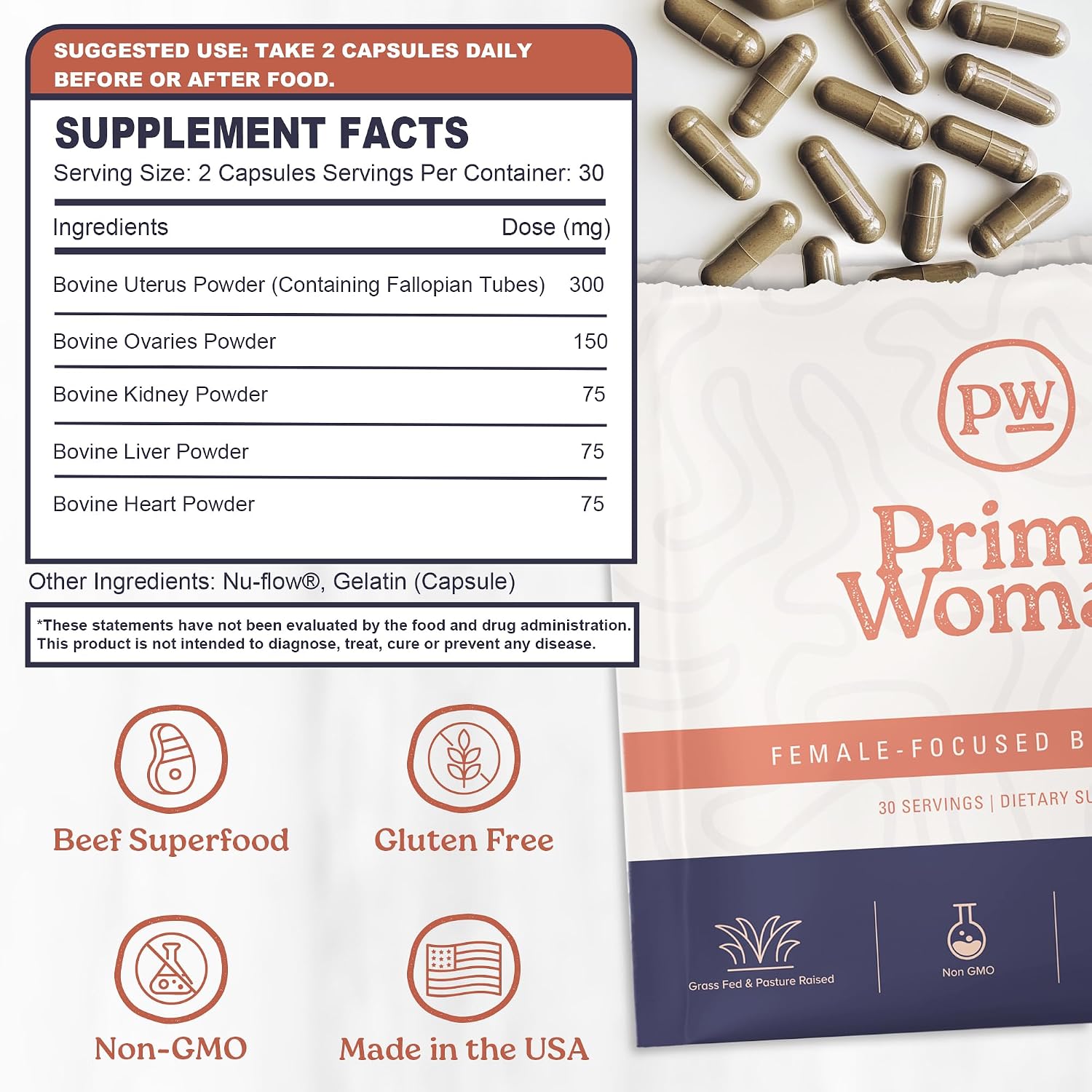 Beef Organ Liver Heart for Women, Grass-Fed, 60 Capsules | Pasture-Raised, Nutrient-Dense Nutrition for Daily Energy, Hormone Balance and Vitality; Easy-to-Swallow Female Formula