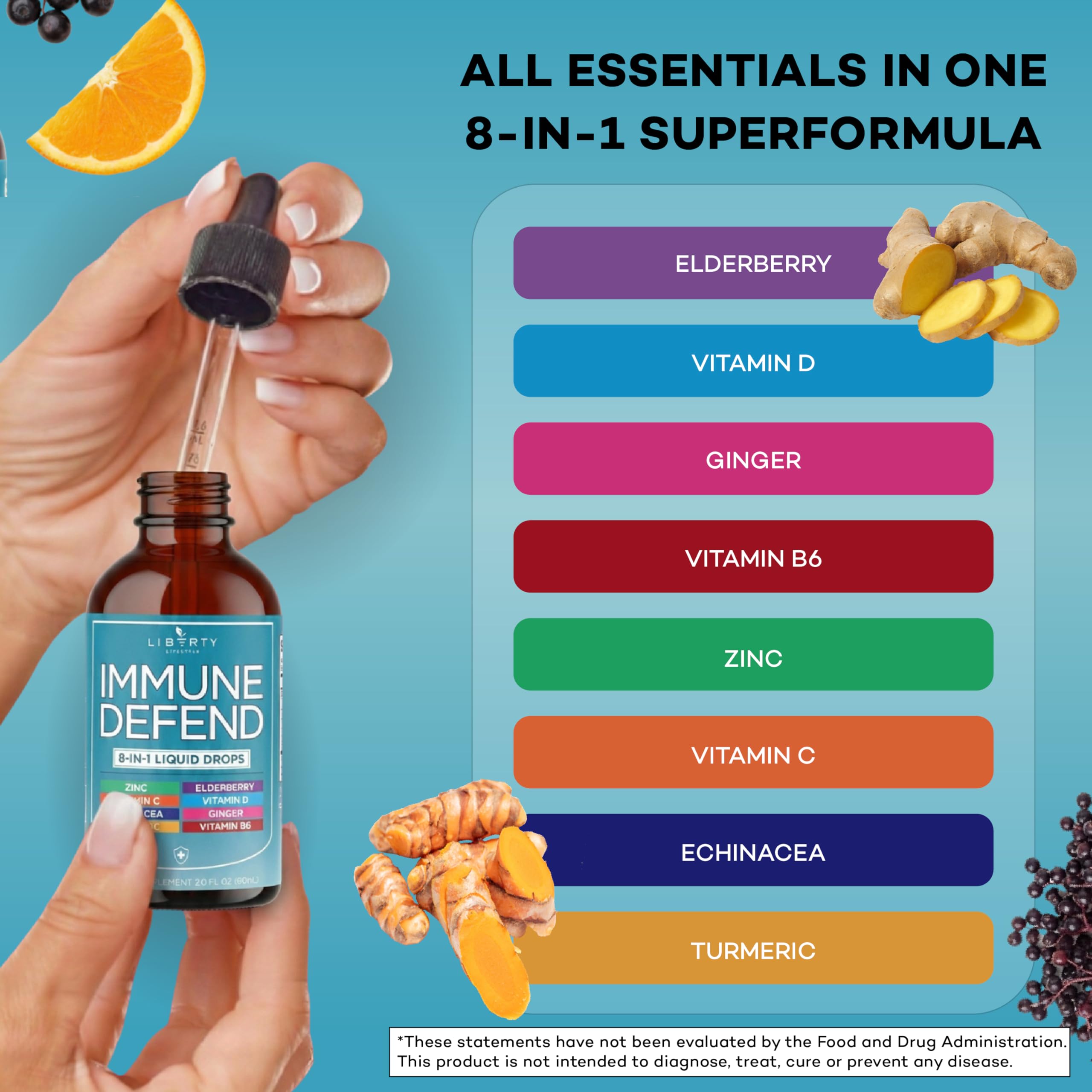 8-in-1 Immune Support Liquid Drops – Elderberry, Turmeric Curcumin, Echinacea, Ginger, Vitamins C & D3, Zinc & B6 – Fast-Absorbing Immune & Antioxidant Support – Vegan, Non-GMO – 4 oz