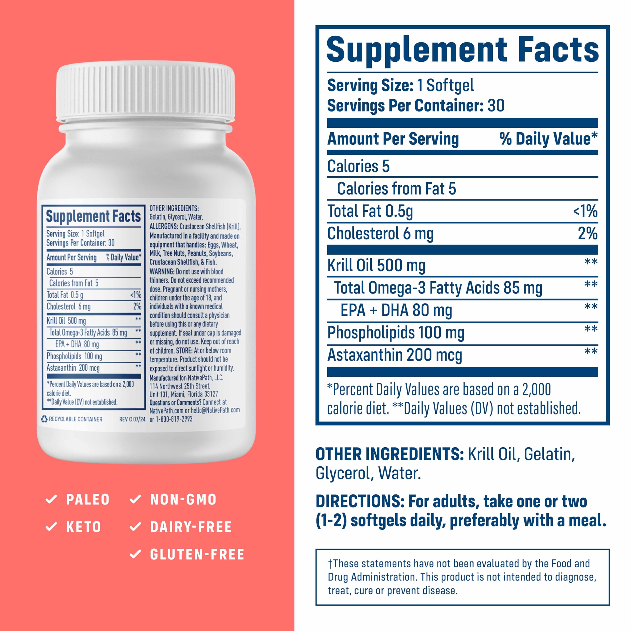 NativePath Antarctic Krill Oil 500mg, Omega-3, 60 Softgels | Wild-Caught, Astaxanthin, EPA & DHA Phospholipid-Bound, Supports Circulatory, Brain & Joint Health