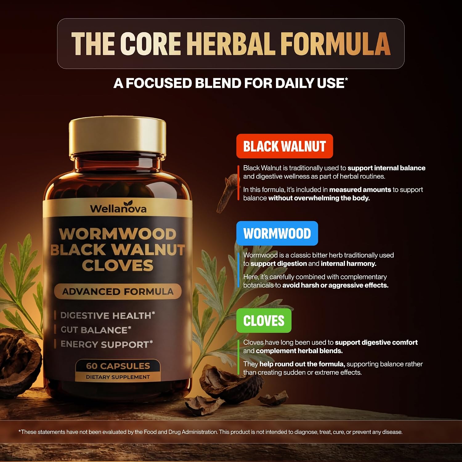 Wormwood Black Walnut Clove Cleanse for Humans - Advanced Detox Formula | Adults, Gut Health Supplement With Wormwood Herb, Black Walnut Hull Extract & Clove, 60 Capsules