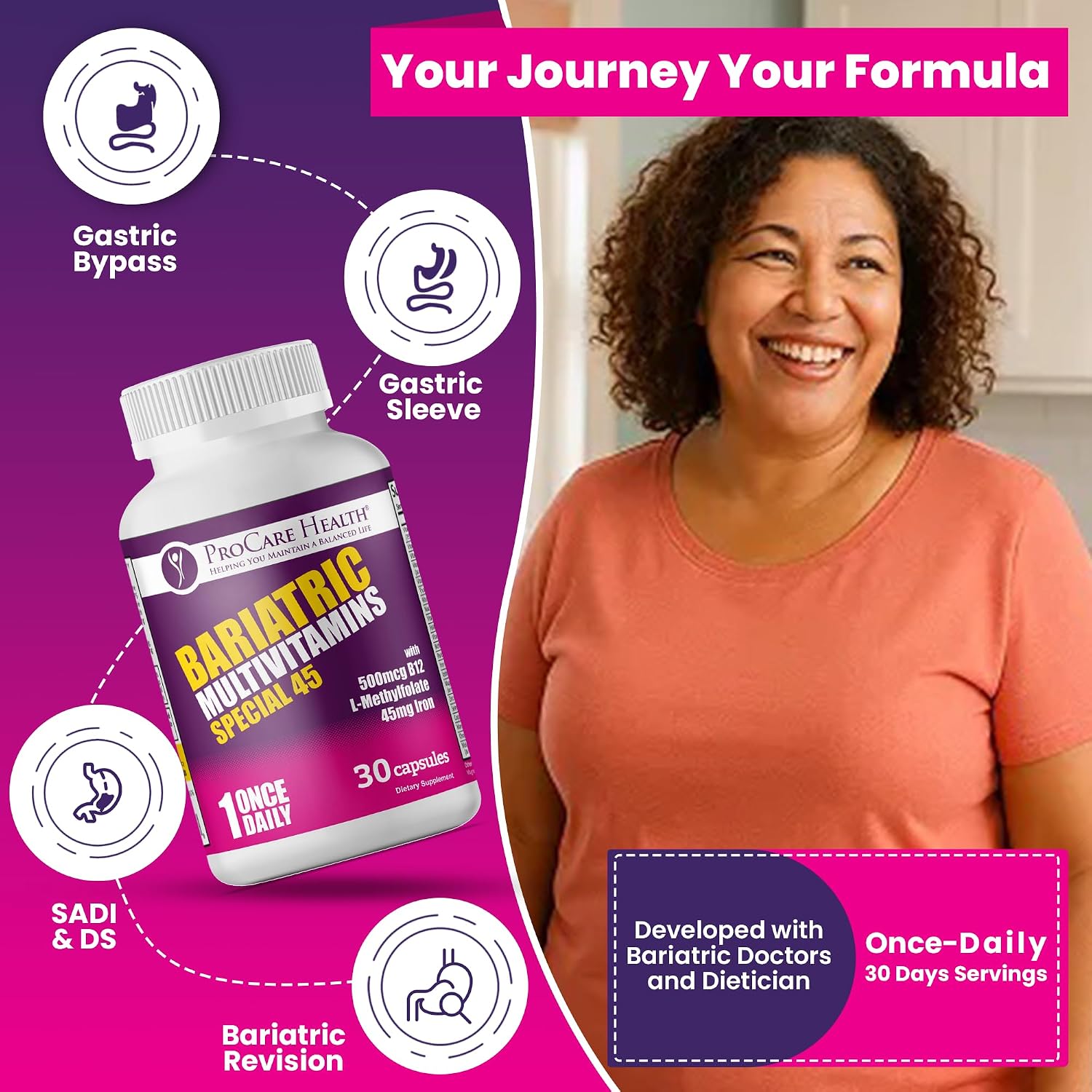Special-45 Bariatric Multivitamin | Reduced B12 | Capsule | 30ct | Post-Op Bariatric Vitamins for Gastric Bypass and Sleeve Patients, Sustains Recovery & Energy* (1 Month Supply) - Made in USA