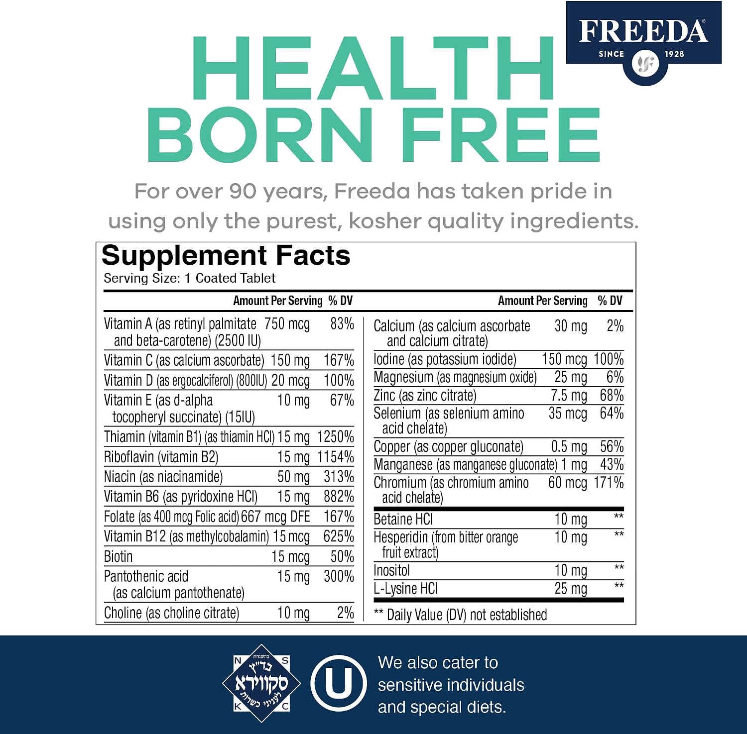 Freeda Senior Multivitamin - Kosher Vitamins for Men & Women 60 and Over - One Daily Coated Tablet - Women’s & Men’s Vitamins Multivitamin 60 Plus - Vitamins for Women Over 60 Plus Elderly (100 Count) | Kosher Senior Multivitamin with Essential Vitamins a