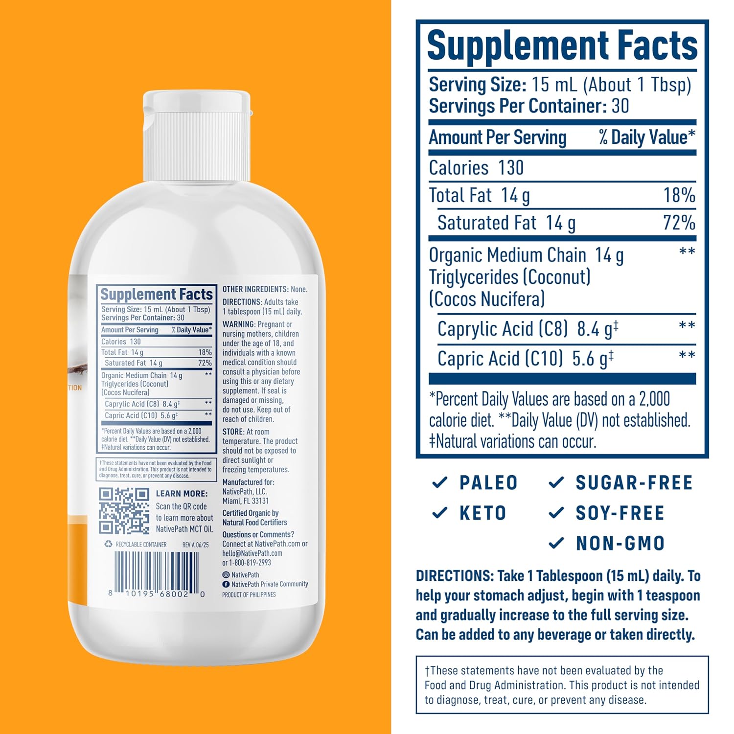 NativePath MCT Oil, Organic, C8 & C10, Flavorless, 30 Servings | From 100% Coconut, Keto Coffee, Smoothies, Dressings, Supports Clean Energy & Focus, Vegan, Non-GMO