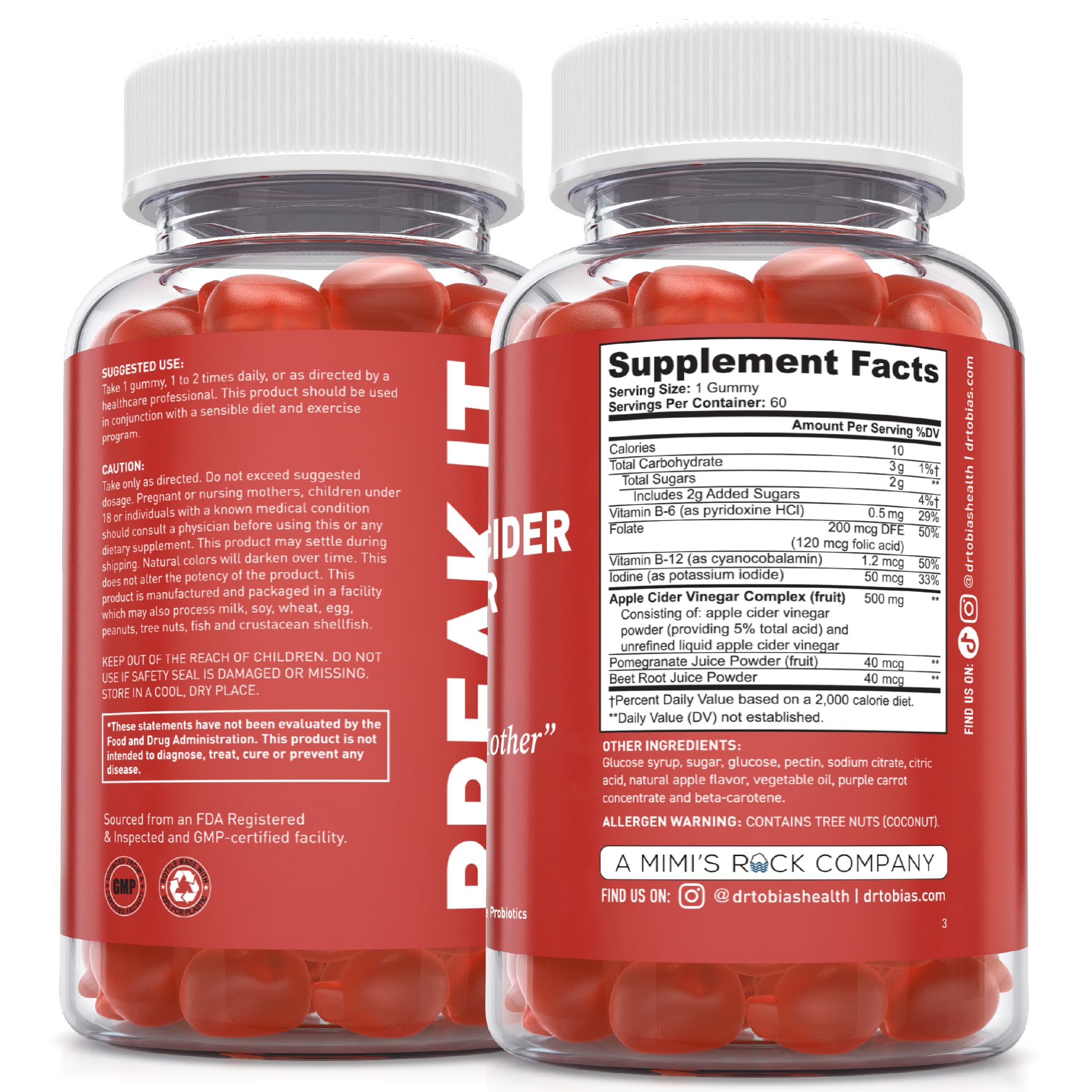 Dr. Tobias Apple Cider Vinegar Gummies with The Mother 60 Count | Digestive & Daily Wellness Support | 500 mg ACV | Folate + B6 + B12 + Iodine | Vegan | 30 Servings