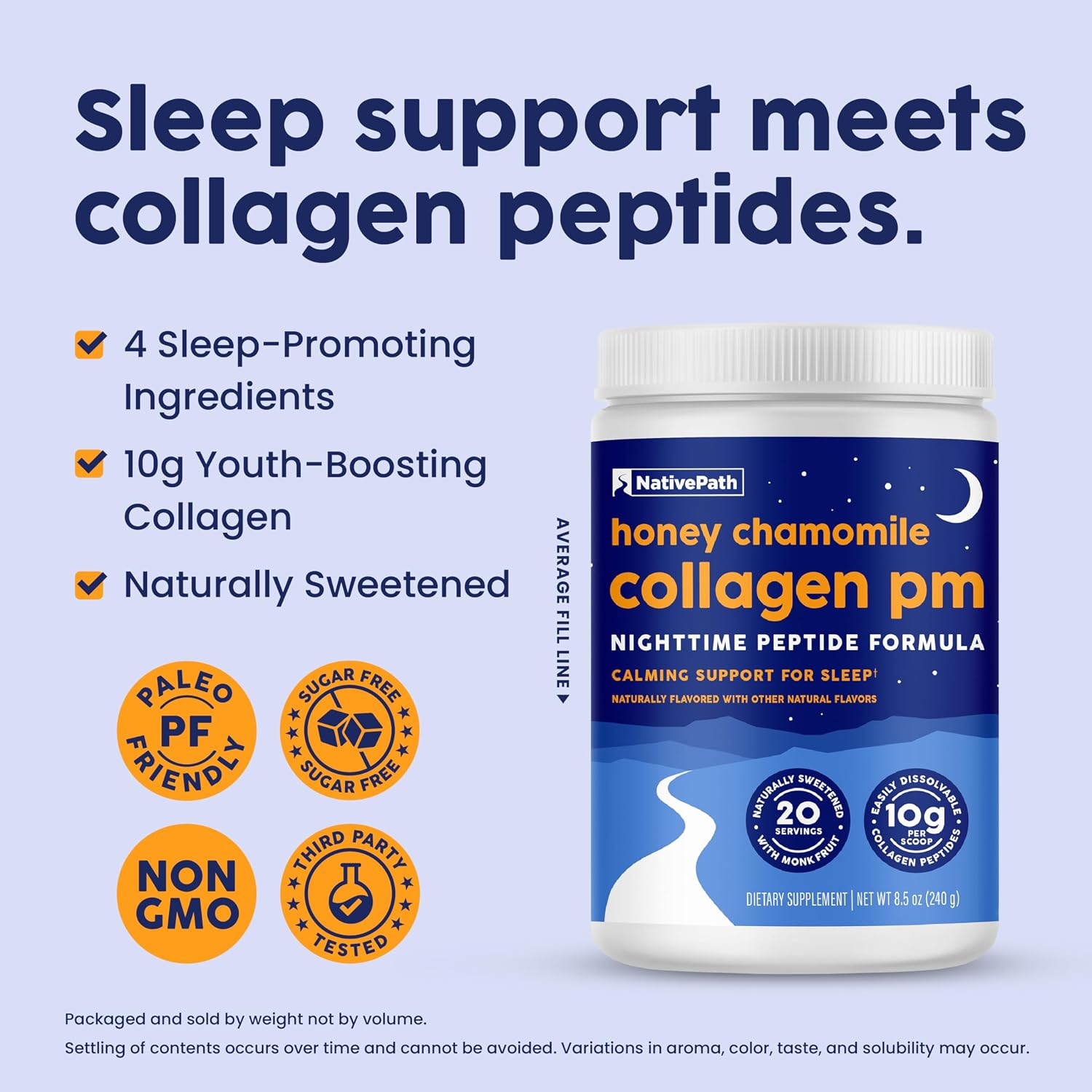 NativePath Collagen PM Honey Chamomile with Melatonin, 20 Servings | Grass-Fed Peptides, Magnesium, GABA & L-Theanine, Supports Restful Sleep, Skin & Hair, No Added Sugar