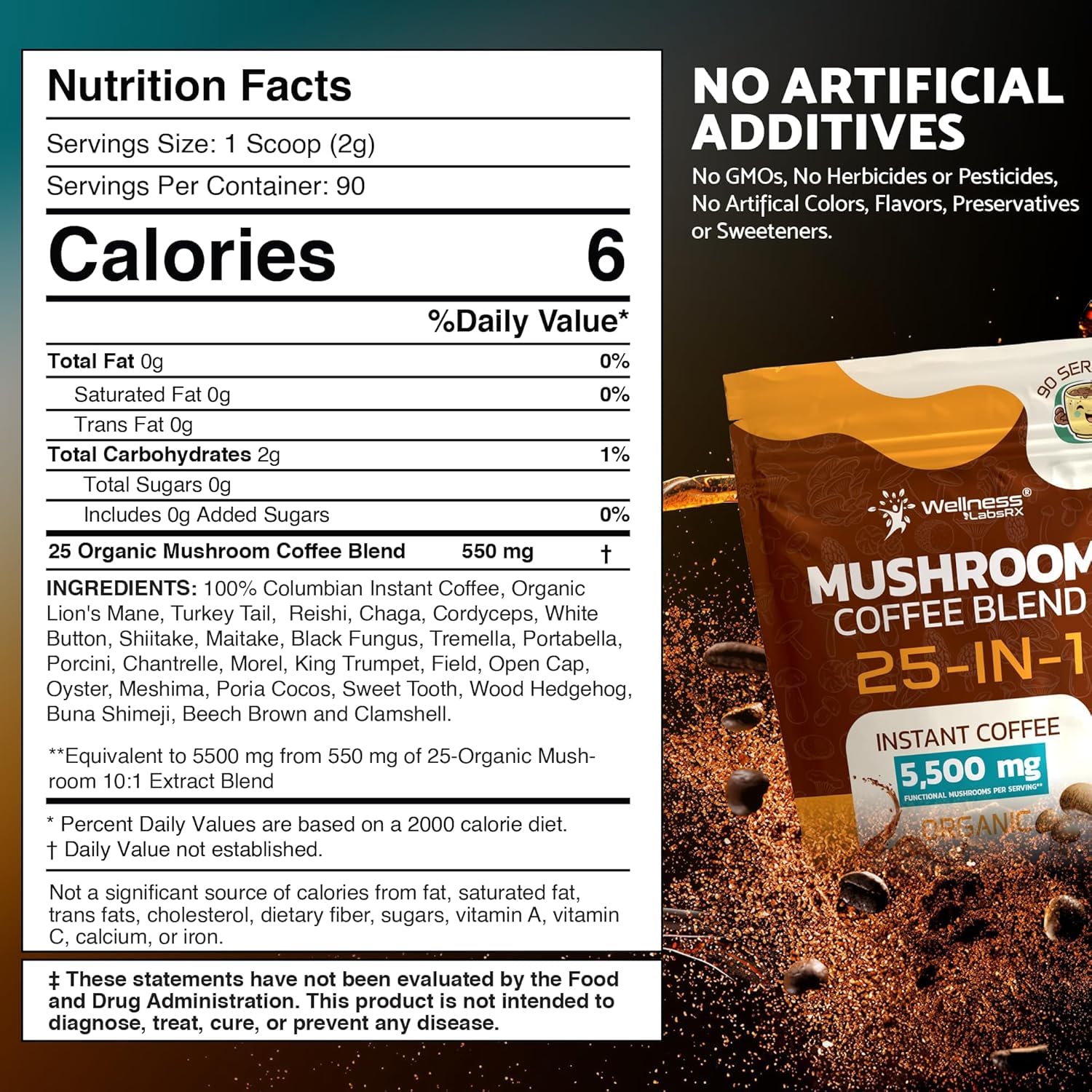 Mushroom Coffee Organic Instant Coffee, 25-in-1, Third-Party Tested Keto Friendly Lions Mane Supplement with Functional Mushrooms – Shiitake, Reishi, Lion’s Mane & More | Smooth, Rich Flavor - 90 Servings