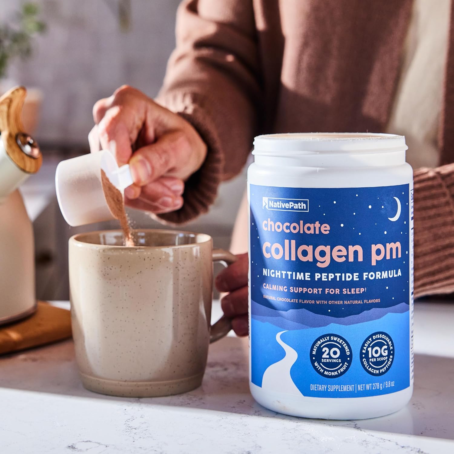 NativePath Collagen PM Chocolate with Melatonin, 20 Servings | Grass-Fed Peptides, Magnesium, GABA & L-Theanine, Supports Restful Sleep, Skin & Hair, No Added Sugar