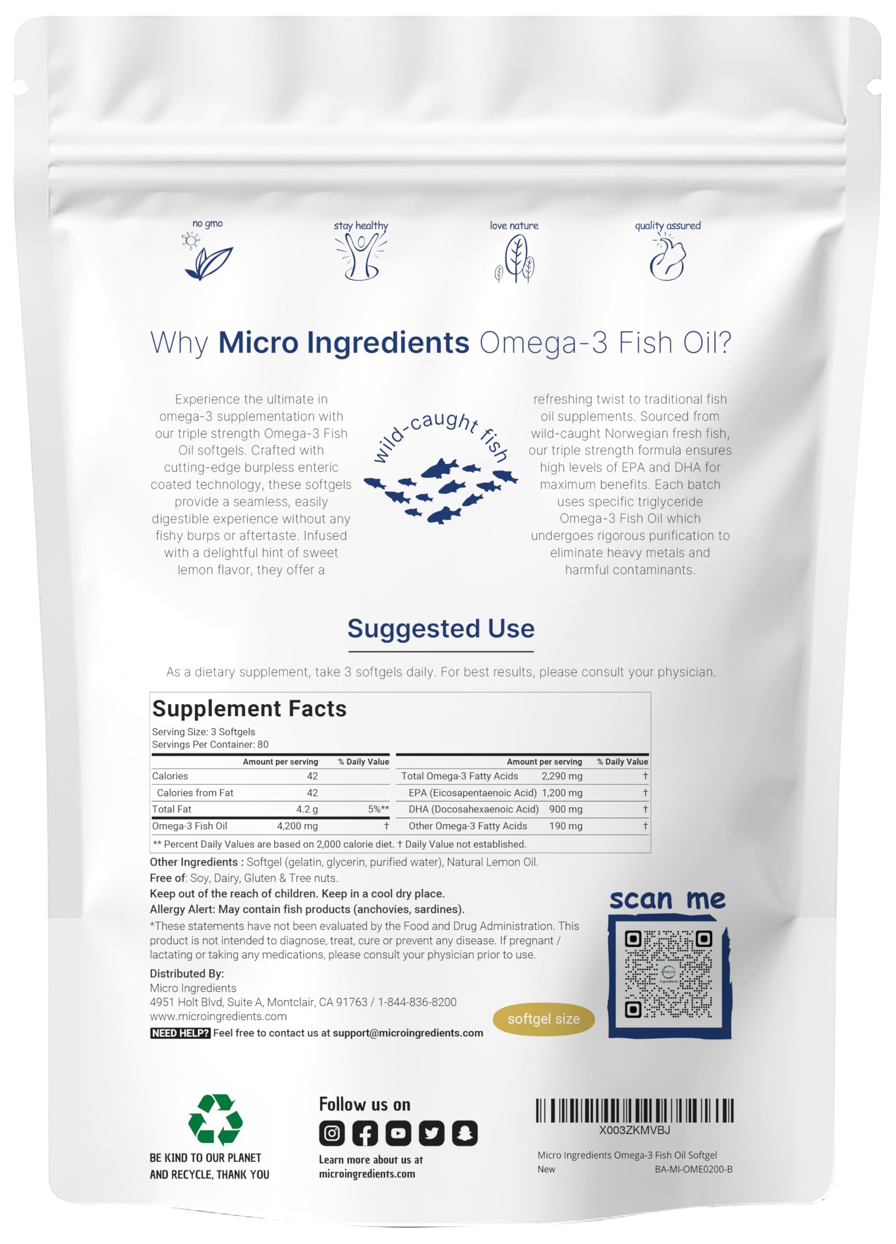 Micro Ingredients Triple Strength Omega 3 Fish Oil Supplements 4200mg Per Serving, 240 Softgels – Lemon Flavored – Burpless | EPA 1200mg + DHA 900mg | Deep Sea Fish