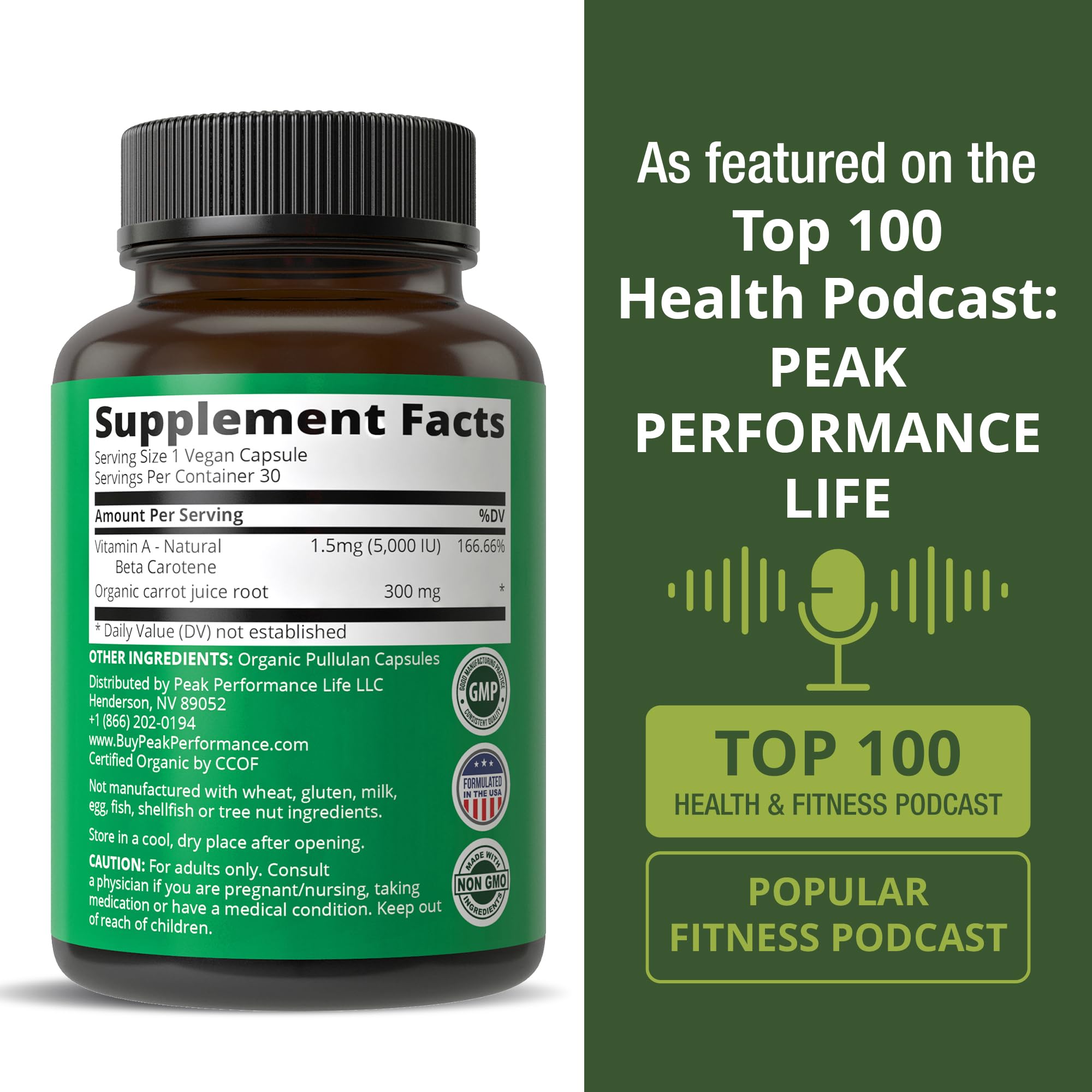 Certified Organic Vitamin A 5000 IU Supplement Capsules - High Potency Vitamins - for Adults, Men, Women, Kids - Made with Carrot Juice - Great for Immune, Skin, Eye Support - Non GMO, Vegan Pills