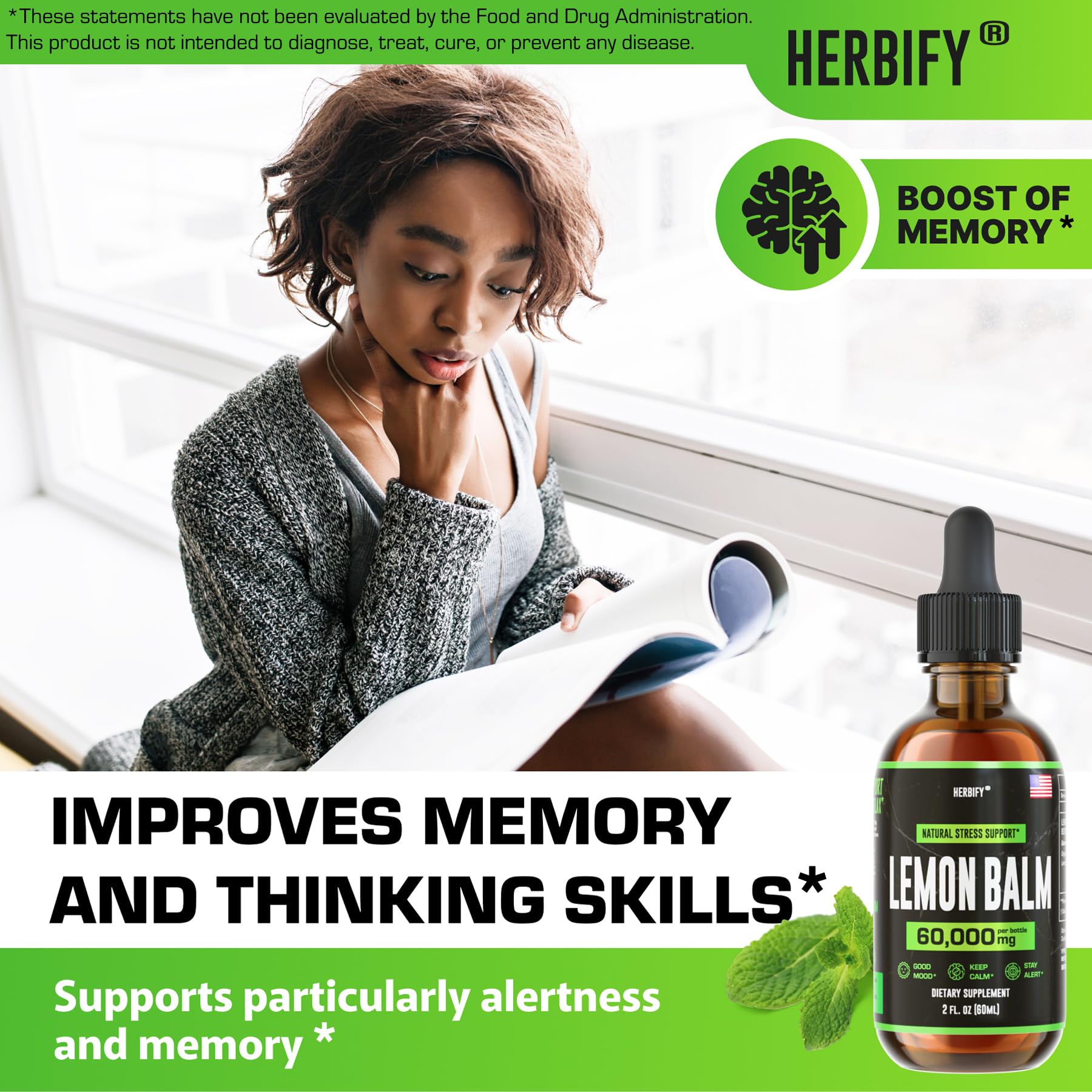 HERBIFY Lemon Balm Tincture - Melissa Officinalis Leaf Liquid Extract - Brain Support and Mood Boost - Lemon Balm Drops for Immune & Cognitive Support - 30 Days Supply - 2 Fl oz