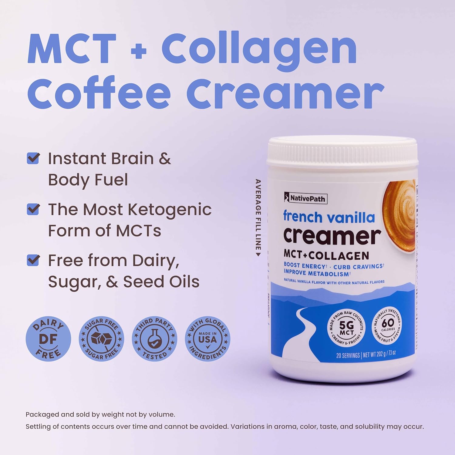 NativePath Keto Creamer, French Vanilla, Collagen & MCT, 20 Servings | Sugar-Free, Monk Fruit Sweetened, Non-Dairy & Creamy, Supports Skin, Hair & Nails, Low-Carb Friendly