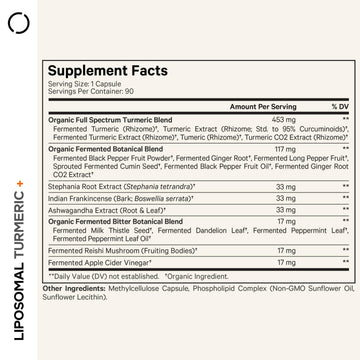 Codeage Organic Turmeric Supplement - 95% Curcumin Extract Pills - Liposomal Fermented Botanical Blend Black Pepper, Ashwagandha, Ginger, Stephania, Boswelia,