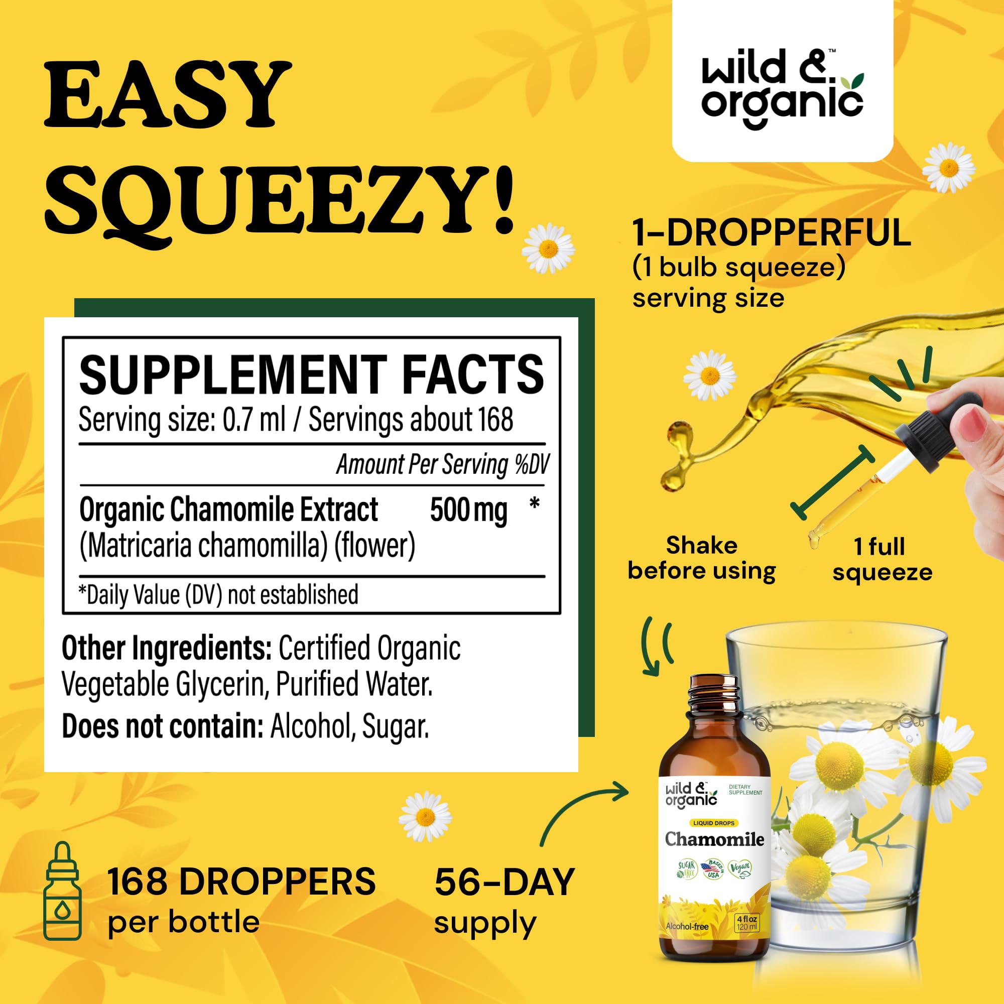 Wild & Organic Chamomile Flowers Drops - Add to Tea for Relaxation Support - 500 mg Chamomile Extract Liquid Drops - Calming Herbal Supplement - 56-Day Supply - Vegan, Sugar & Alcohol-Free - 4 fl oz