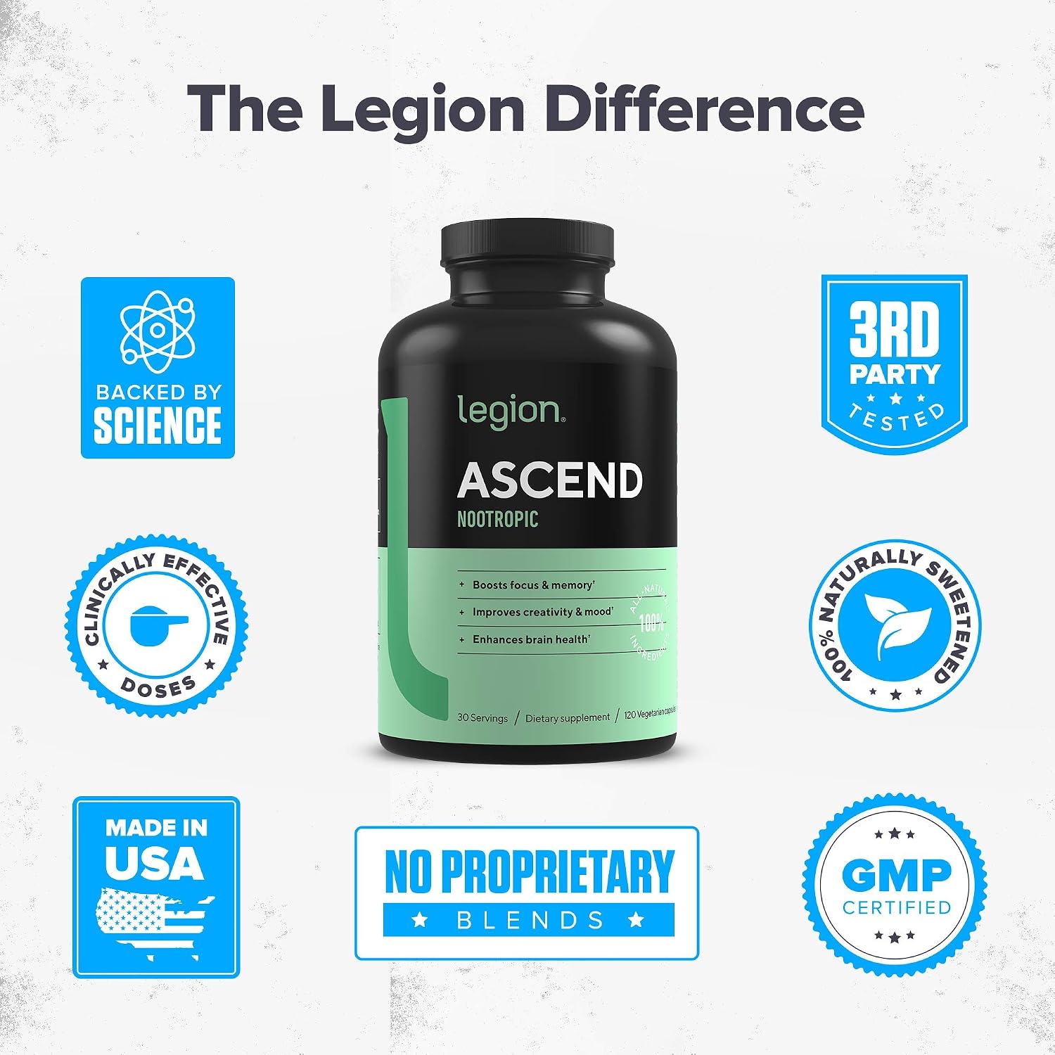 LEGION Athletics Ascend Nootropic - All-Natural Brain Supplements for Memory and Focus - Nootropics Brain Support Supplement with Alpha-GPC - Brain Supplement for Alertness & Mood Support, 30 Servings