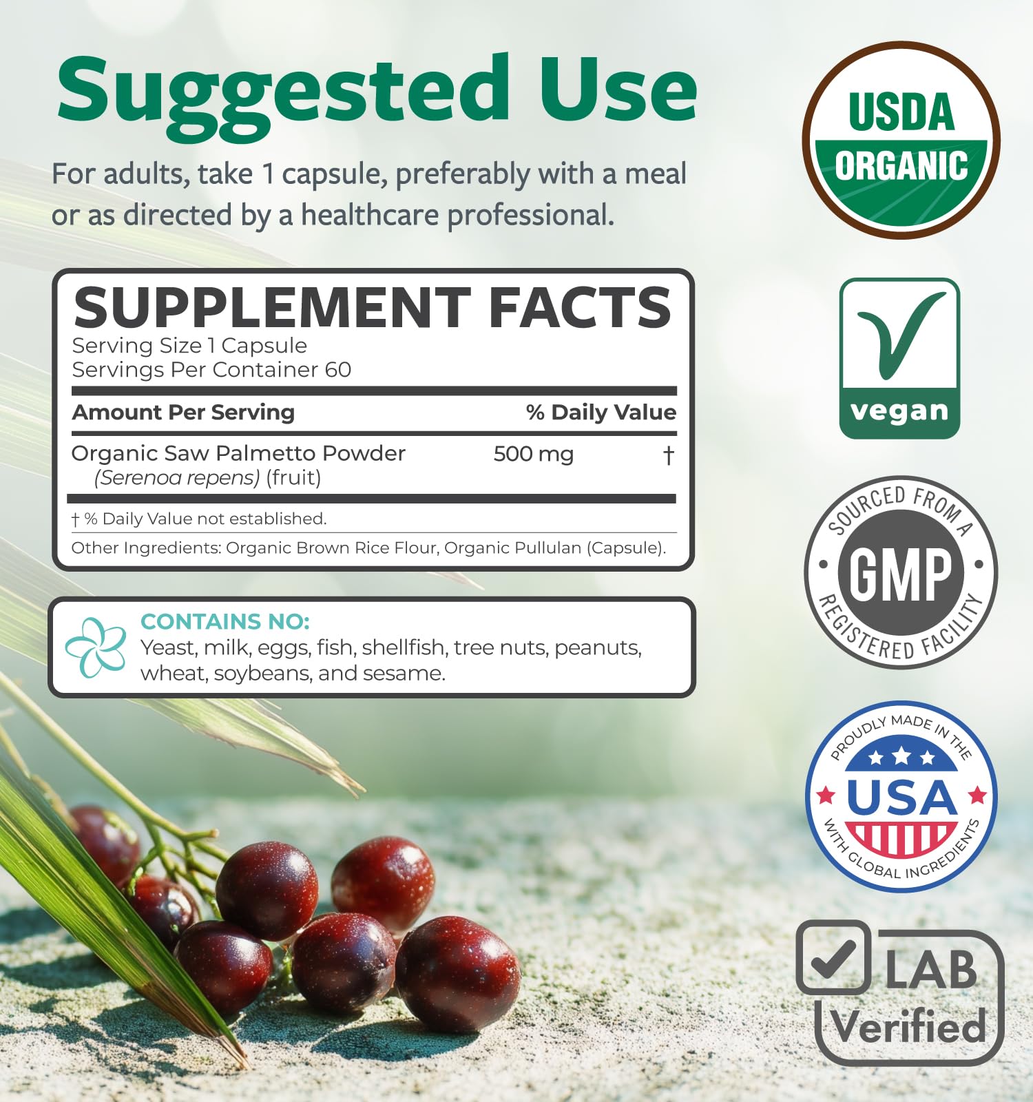 PURE CO USDA Organic Saw Palmetto Supplement - Organic Saw Palmetto for Women & Men's Urinary Tract Prostate & DHT Blocker for Women - Whole Berries - Vegan Non-GMO & Lab Verified (2 Month Supply)
