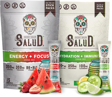 Salud 2-Pack |2-in-1 Energy + Focus (Strawberry Watermelon) & Hydration + Immunity (Cucumber Lime) – 15 Servings Each, Agua Fresca Drink Mix, Non-GMO, Gluten Free, Vegan, Low Calorie, 1g of Sugar