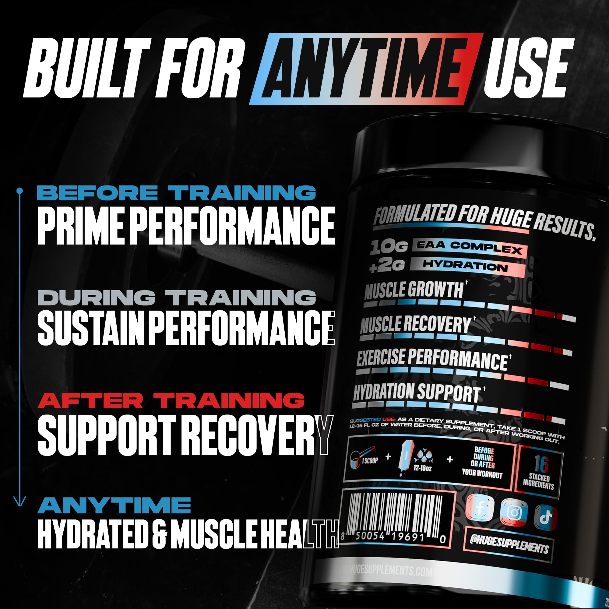 Huge EAA + Hydration, Essential Amino Acids Powder, EAAs & BCAAs, Intra & Post Workout Recovery Powder, Muscle Growth, Recovery & Performance, 10g EAAs & Electrolytes, Kiwi Blueberry, 30 Servings
