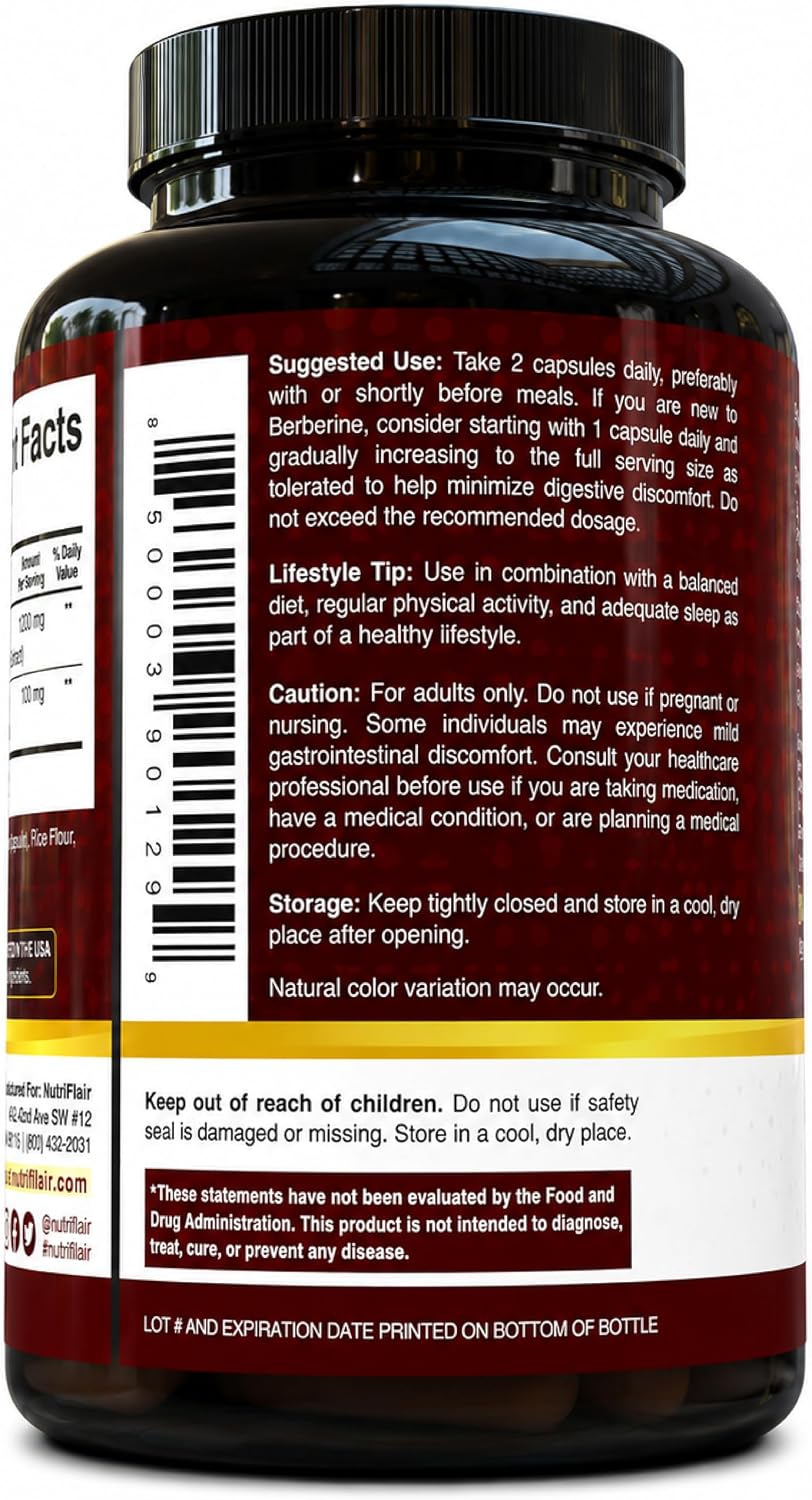 NutriFlair Berberine HCl 1200mg, 120 Capsules - Plus Ceylon Cinnamon, Berberine HCI Root Supplements Pills - Made in USA