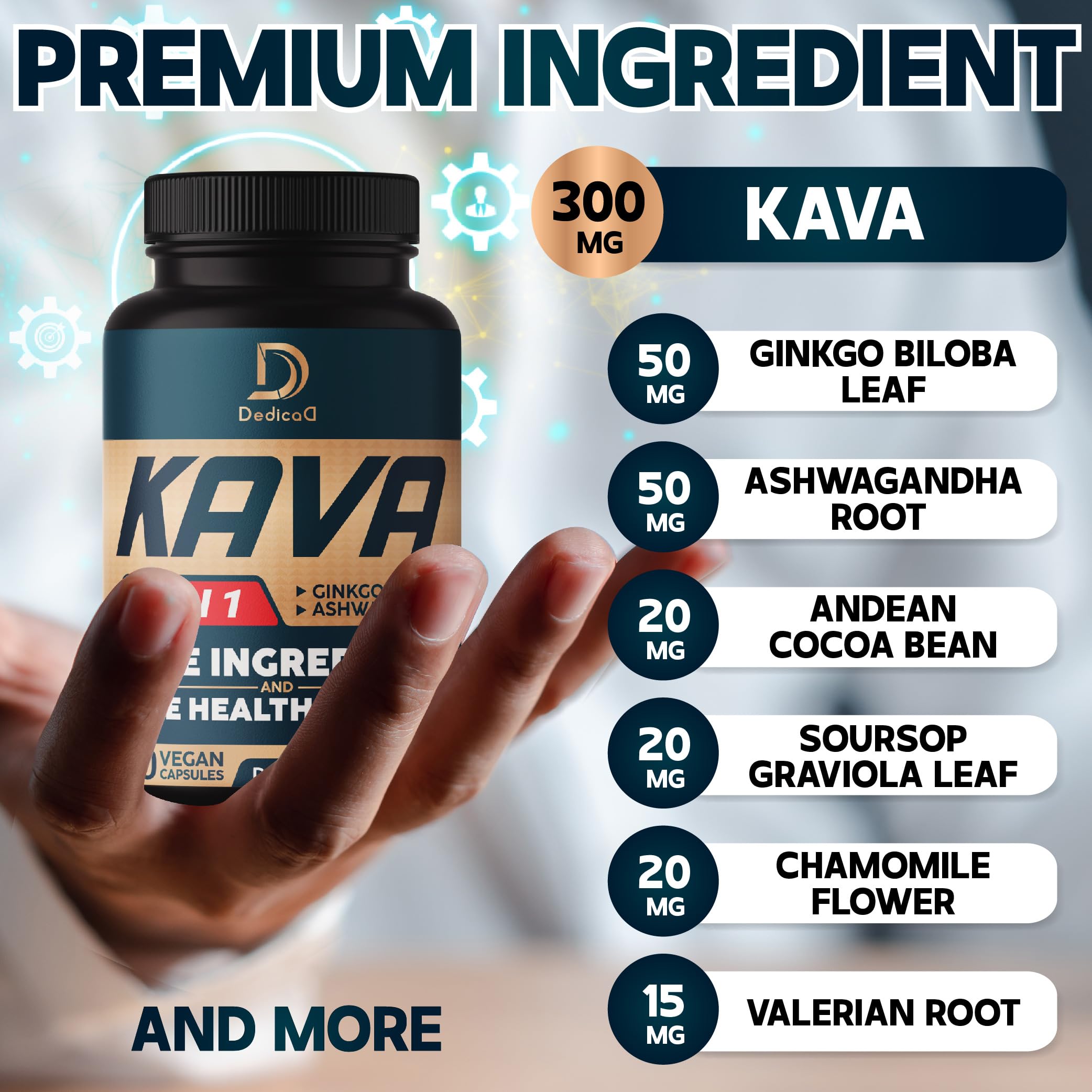 DEDICAD Kava Kava Capsules - 3 Month Supply - 9 Herbs with Ginkgo Biloba, Ashwagandha Root, Andean Cocoa, Graviola Leaf, Chamomile, Valerian, Lemon Balm & Skullcap - Support Mood & Immune - 90 Pills DEDICAD buy supplements Au