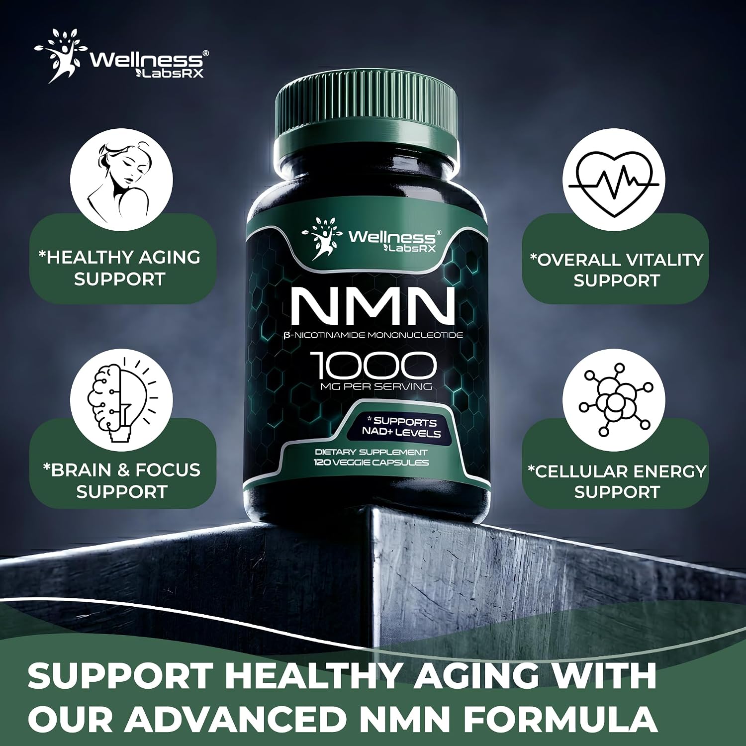 NMN Supplement 1000mg Pure Organic Nicotinamide Mononucleotide - NMN NAD Supplement for Anti-Aging, Longevity, Cellular, and Energy Supplements – Suitable for Women and Men Energy Support - 120 Count