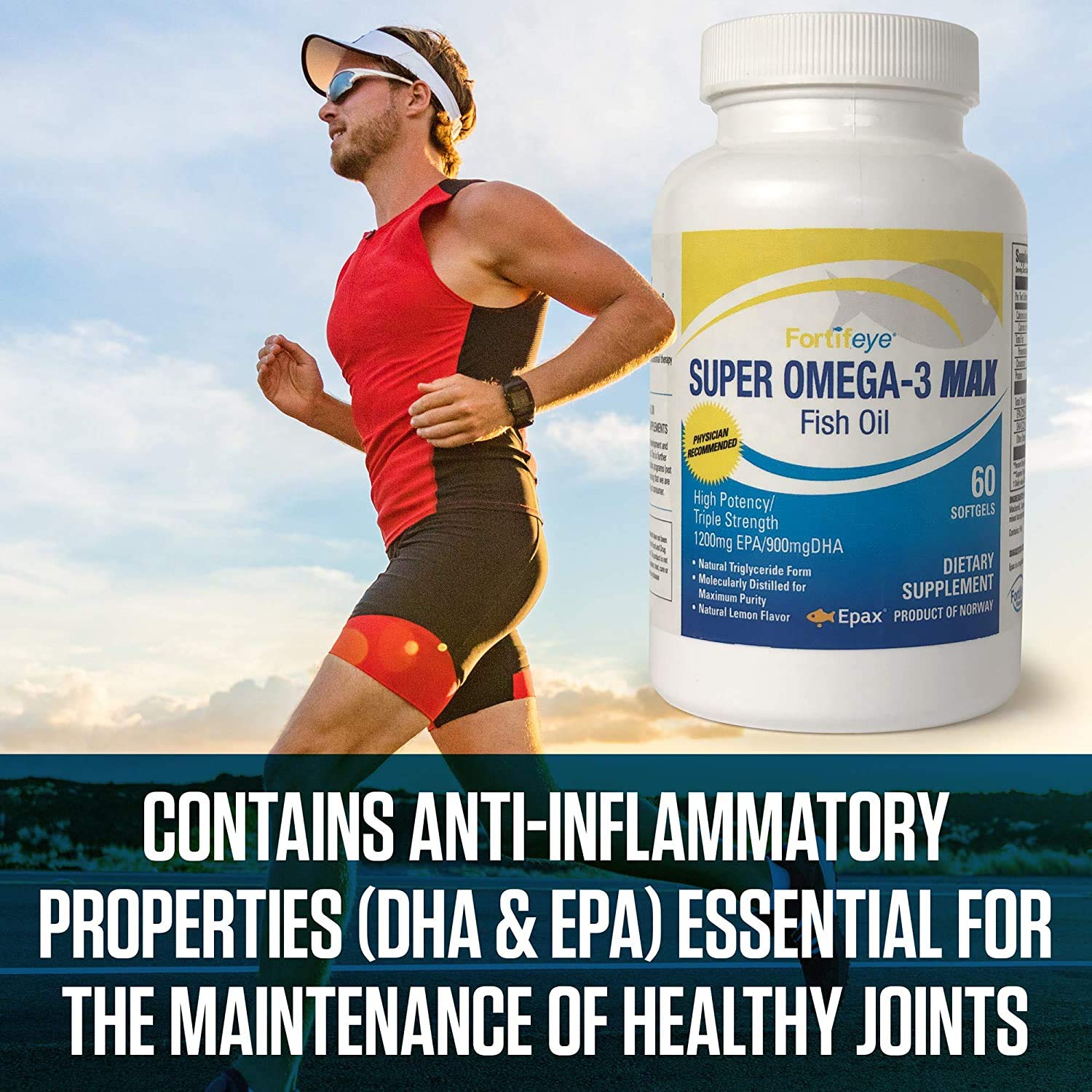 Fortifeye Super Omega-3 Max Fish Oil - 60 Count - Quadruple Strength Ultra-Pure rTG Omega-3-2400mg EPA + DHA in 2 Softgels - Expertly Concentrated & Purified in Norway from Wild Fish - Lemon Flavor