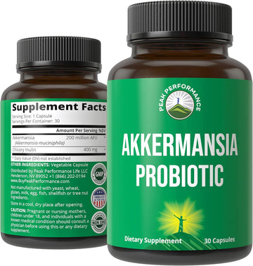 Peak Performance Akkermansia Probiotic to Increase GLP-1 Production - Ultra High Strength Akkermansia Muciniphila Live Strain with Prebiotic Fiber for Gut Health - Delayed Release, 3rd Party Tested