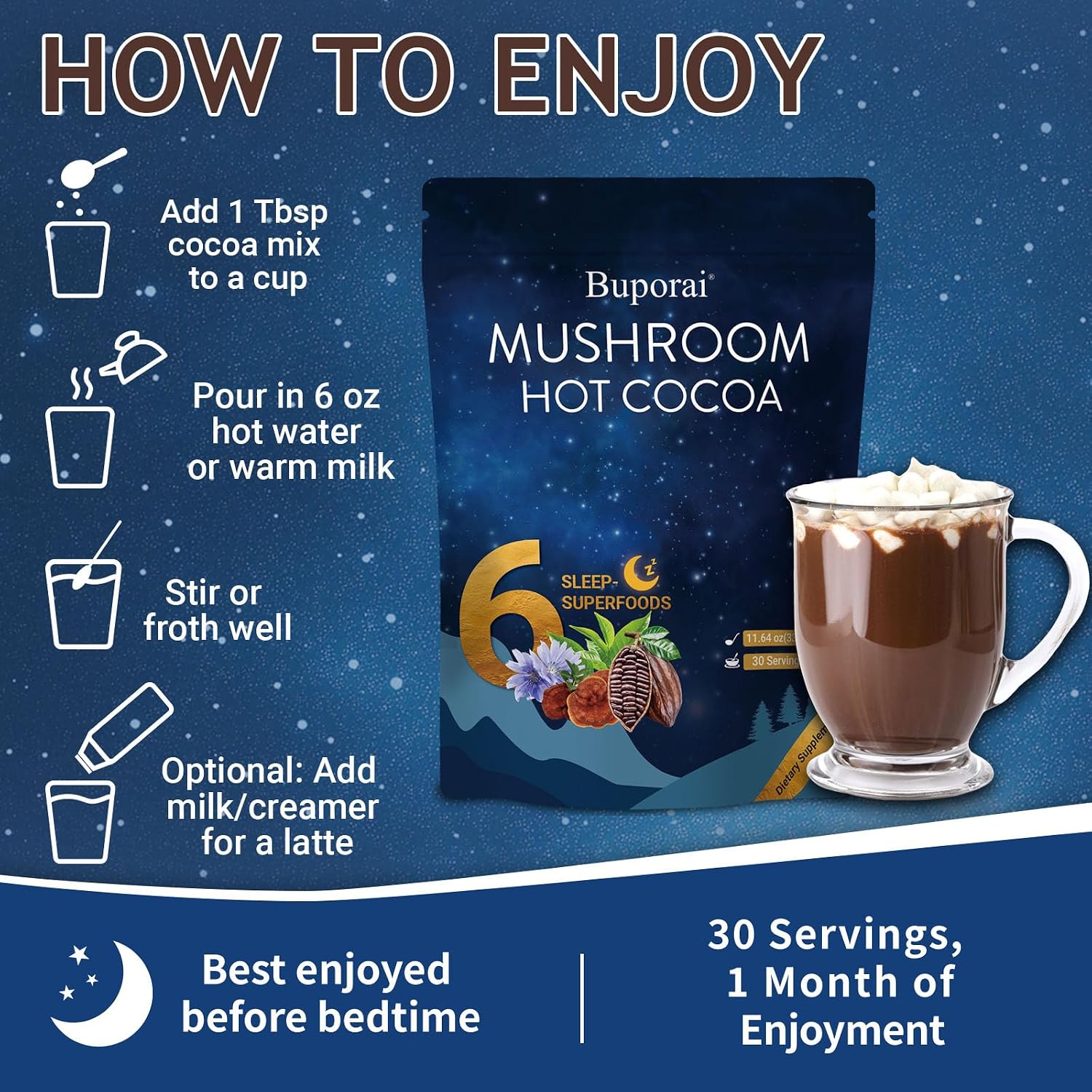 Mushroom Hot Cocoa with Melatonin, Reishi | L-Theanine, Cocoa Powder Hot Chocolate Nighttime Drink Mix for Sleep & Relax - 30 Servings