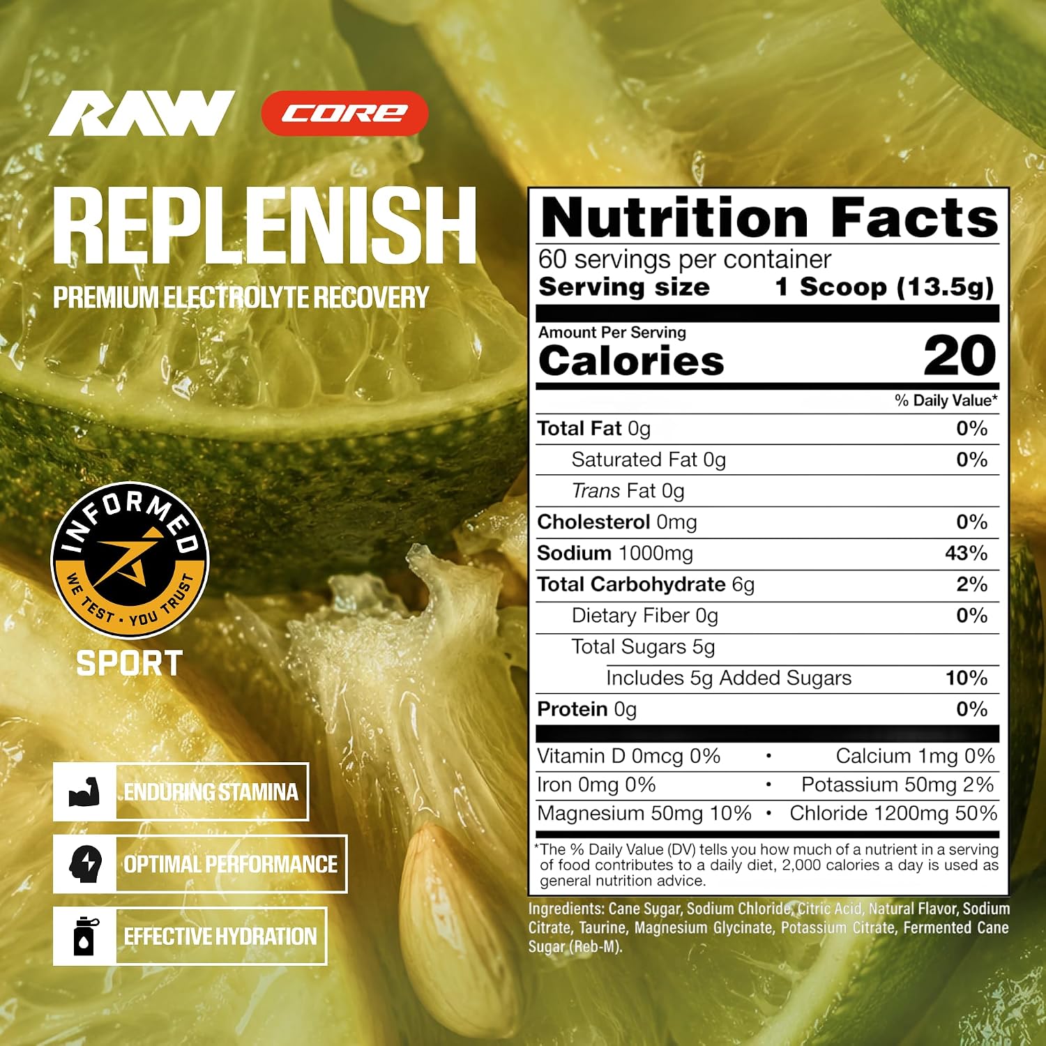 RAW Replenish, Premium Electrolytes Powder Recovery Formula, Lemon Lime (60 Servings) - Flavored Electrolyte Drink Mix Supplement for Hydration, Replenishment, Endurance & Performance Workouts