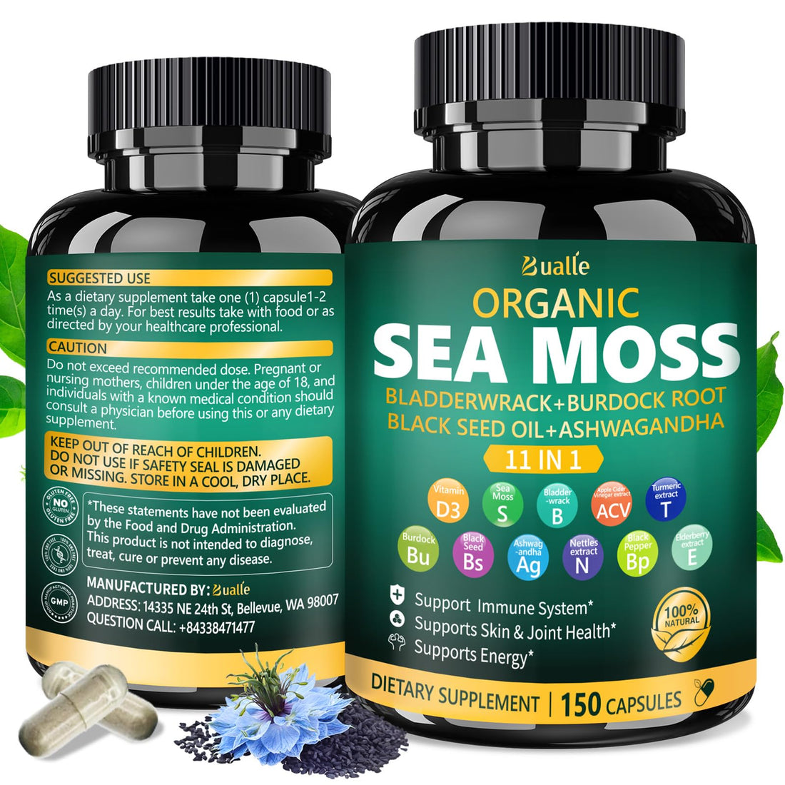 Bottle of organic sea moss supplement with ingredients on a white background