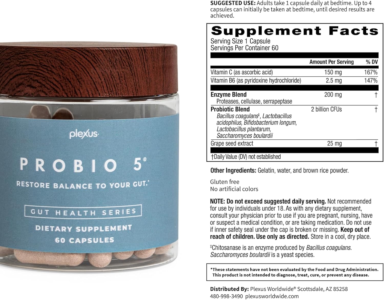 Plexus® ProBio 5®, 60 Capsules | 3 Billion CFU from 5 probiotic strains to support gut microbiome balance and healthy digestion