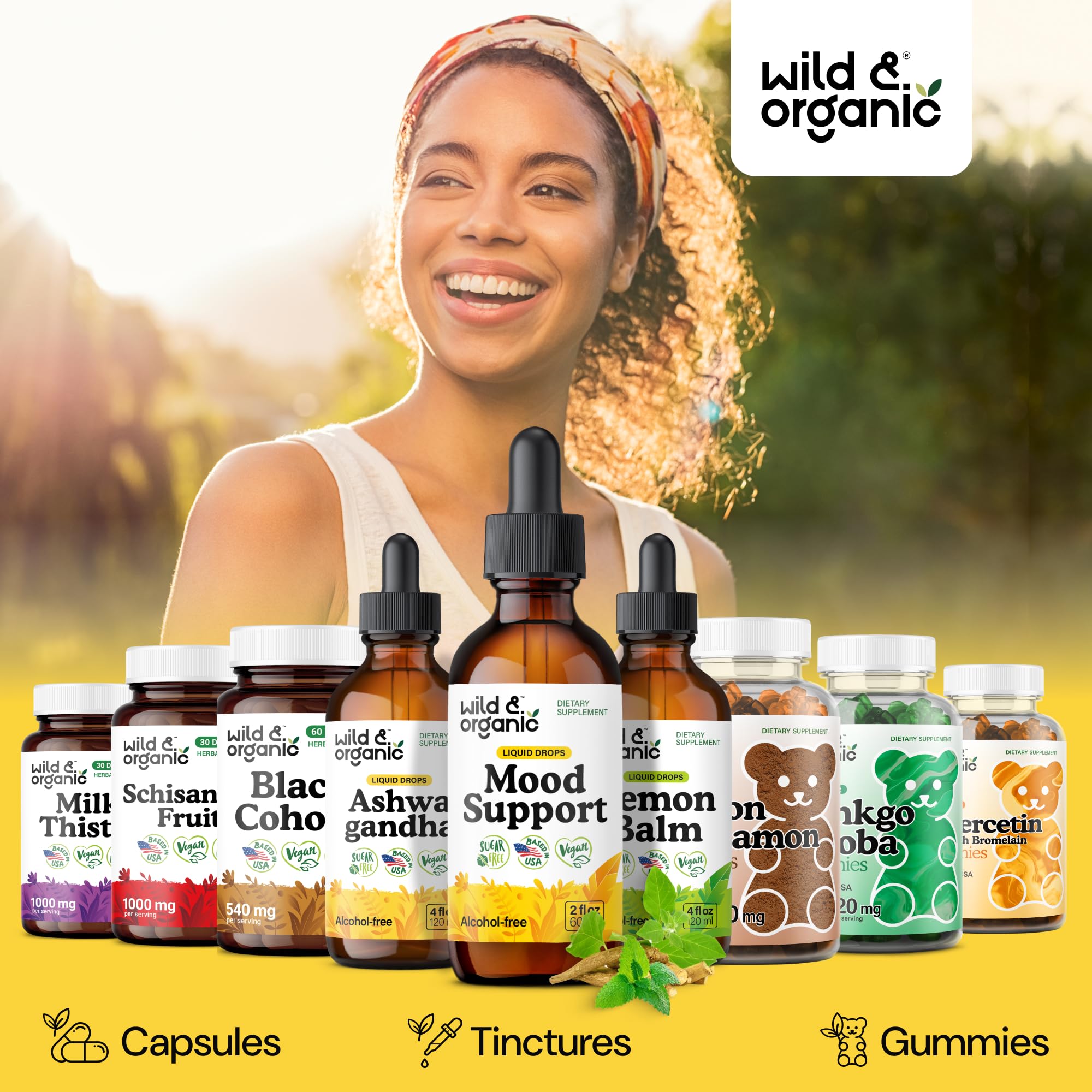 Wild & Organic Mood Support Drops - Good Mood Supplements w/Ashwagandha Root & Rhodiola Rosea - Natural Liquid Drops for Positive Energy - Calm and Relax Supplements for Women and Men - 2 oz