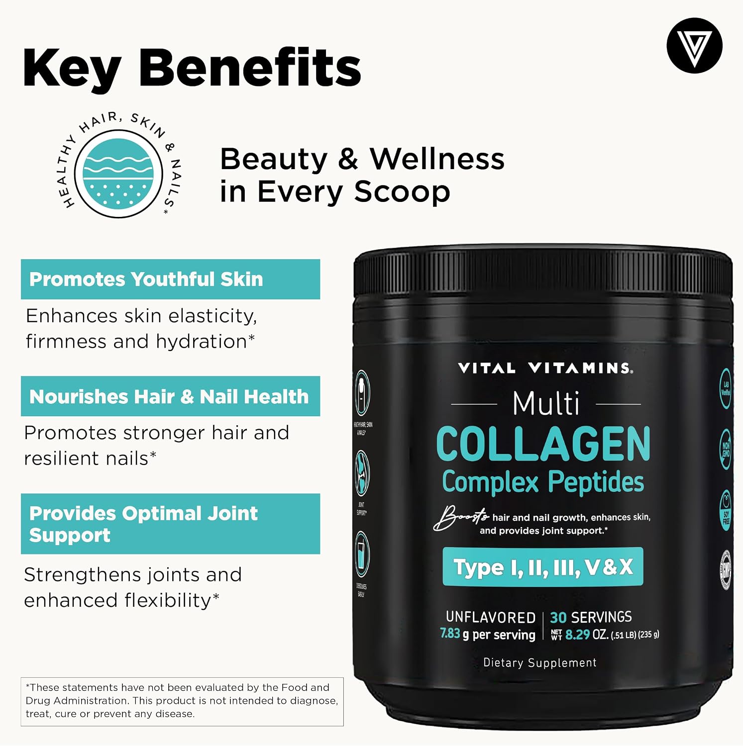 Vital Vitamins Multi Collagen Complex Powder for Hair, Skin, Nails & Joints | 5 Collagen Peptides Types I II III V & X, Unflavored, Easy to Dissolve, Scoop Included Inside, 30 Servings